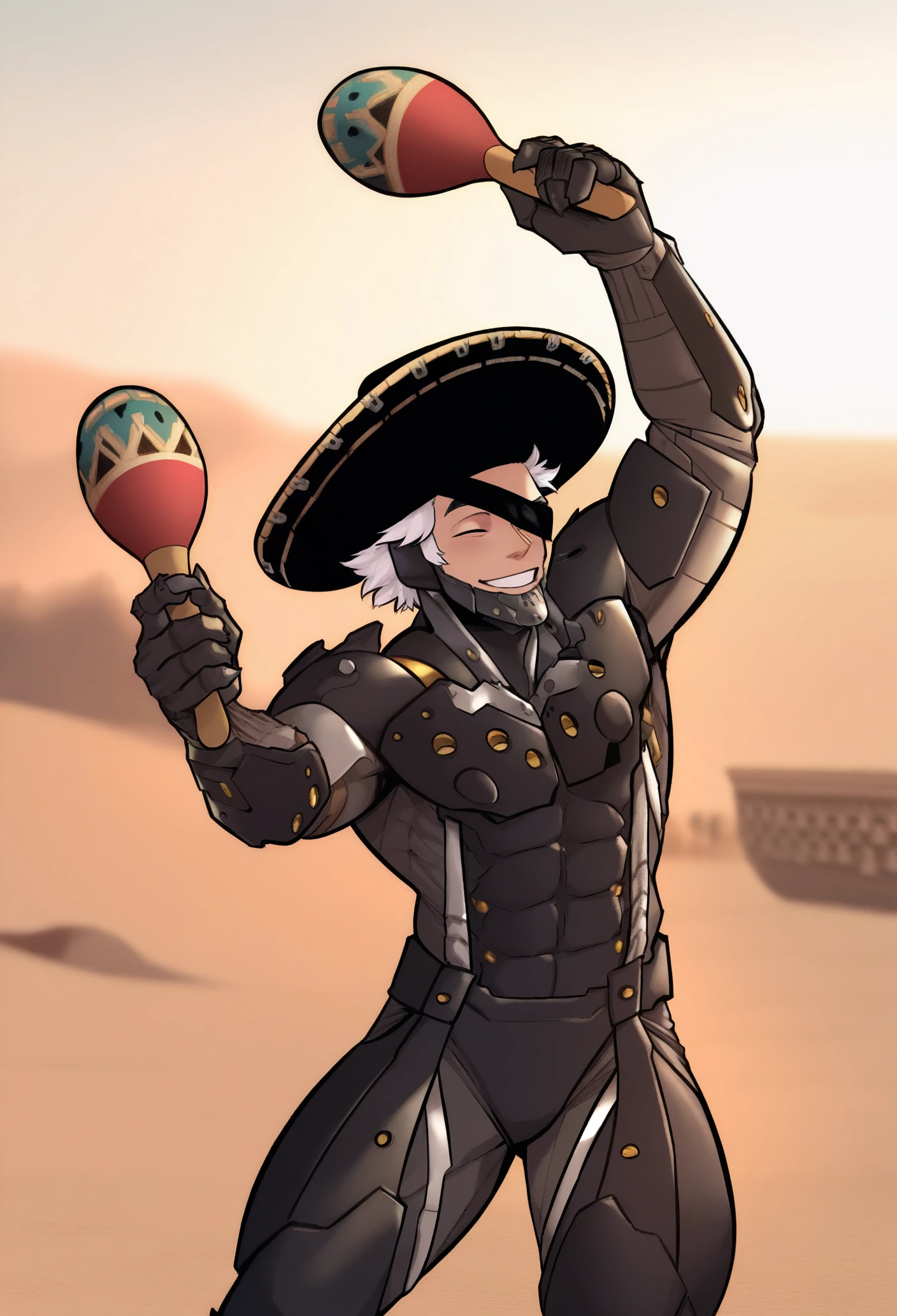 1boy, solo, male focus, holding maracas, desert, blurry background, dancing, happy,
muscular male, white hair, short hair, hat, cyborg, mechanical chin, bodysuit, eyepatch, one eye covered
masterpiece, best quality, <lora:Kohei_Horikoshi-IllustriousV102-guy90:1>, ihshok, <lora:RaidenMGRR_illusXLNoobAI_Incrs_v1:1>, RaidenMGRSombrero