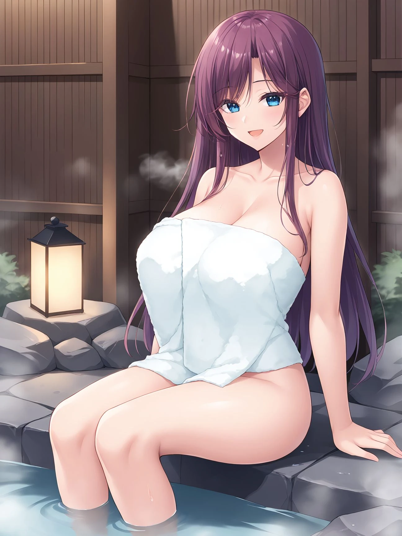 1girl, (mature female, older, huge breasts:1.4), milf, motherly, wide hips, curvy, naked towel, collarbone, lips, HDR, big ass, realistic, hyper detail,very precise detailed,ultra high resolution,extremely detailed CG unity 8k wallpaper,(Realistic,Photorealsitic,hyper realisitic:1.5), girls only, dynamic lighting, ((bold imaginative poses)), (Glossy skin:1.5), masterpiece, highest quality, disorganized, Audience,(Wearing a bath towel:1.4), (purple hair 1.4),(crown half up hair:1.5),(orange eyes:1.4),((beautiful, fine eyes:1.3)),(wet clothes:1.4), thin, High resolution, sharp focus, Depth of the bounds written, eye for detail, clear eyes, ((Aesthetic Anime Eyes:1.4)), outdoors, sunrise sky,Open-air bath at a long-established hot spring inn,(Wearing a bath towel:1.4)