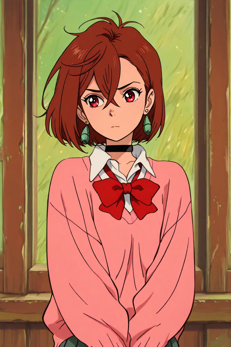 <lora:ayase_momo-koto-Illustrious v01:0.4> ayasemomo, hair between eyes, crossed bangs, green earrings, brown hair, red eyes, black choker, short hair, white shirt, red bowtie,pleated skirt,school uniform, pink cardigan, long sleeves, 1girl, solo, alone, <lora:ghibli_midjourney_style_illustriousXL:1>, ghibli_midjourney_style, masterpiece, highres