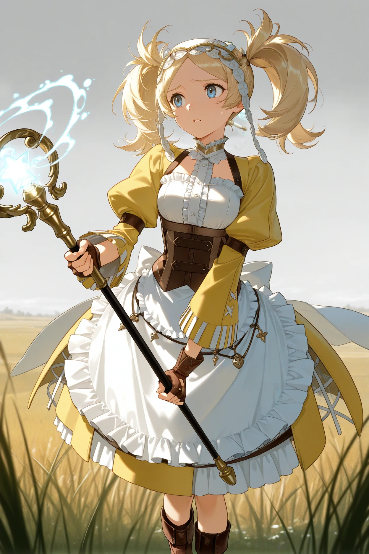 masterpiece, best quality, 1girl, solo, <lora:felissa-illu-nvwls-v1-000006:1> baseliz, blue eyes, blonde hair, twintails, white headdress, yellow dress, white shirt, frills, brown corset, puffy sleeves, long sleeves, waist apron, white apron, brown gloves, fingerless gloves, brown boots, holding staff, worried, parted lips, magical barrier, white magic, field, grey sky, tall grass, looking to the side