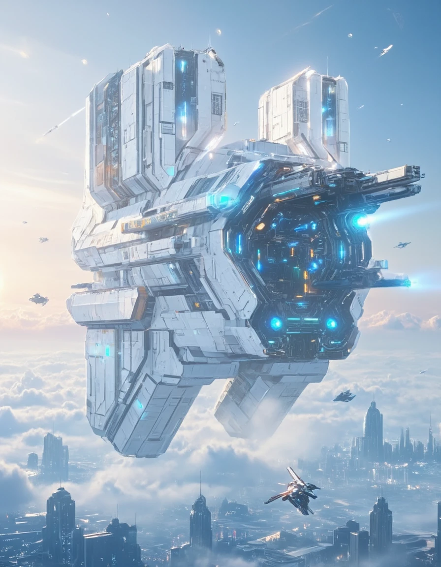 <lora:SW_Minis_3v2flux:1> A massive futuristic white mothership floating above a white cyberpunk city in the clouds, with the sun setting on the horizon. The mothership has a highly detailed and intricate design, featuring metallic structures, glowing blue lights, and various modules attached to its frame. Smaller spacecraft are seen flying around it, enhancing the scale and depth of the scene.
swminis3all, anime, test3