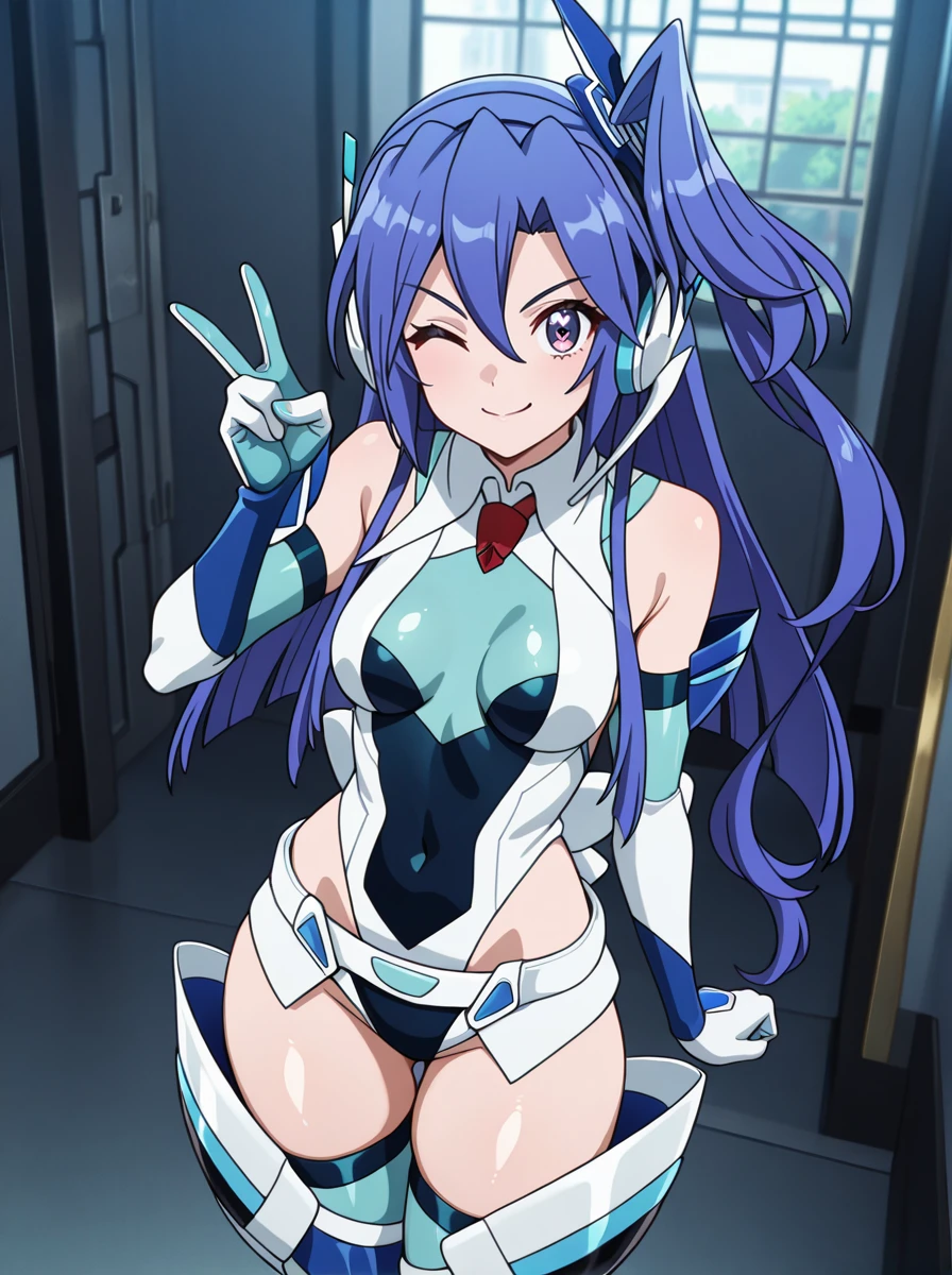 masterpiece, best quality, amazing quality, very aesthetic, absurdres, newest,shiny skin, anime screenshot, anime coloring <lora:KazanariTsubasaILUST:1> tsubasagear blue_hair purple eyes, one side up, habakiriGloves habakiriLeotard habakiriHeadphones habakirithighhighs HabakiriBoots HabakiriElbowGloves looking at viewer, smile, wink v_sign thick thighs,