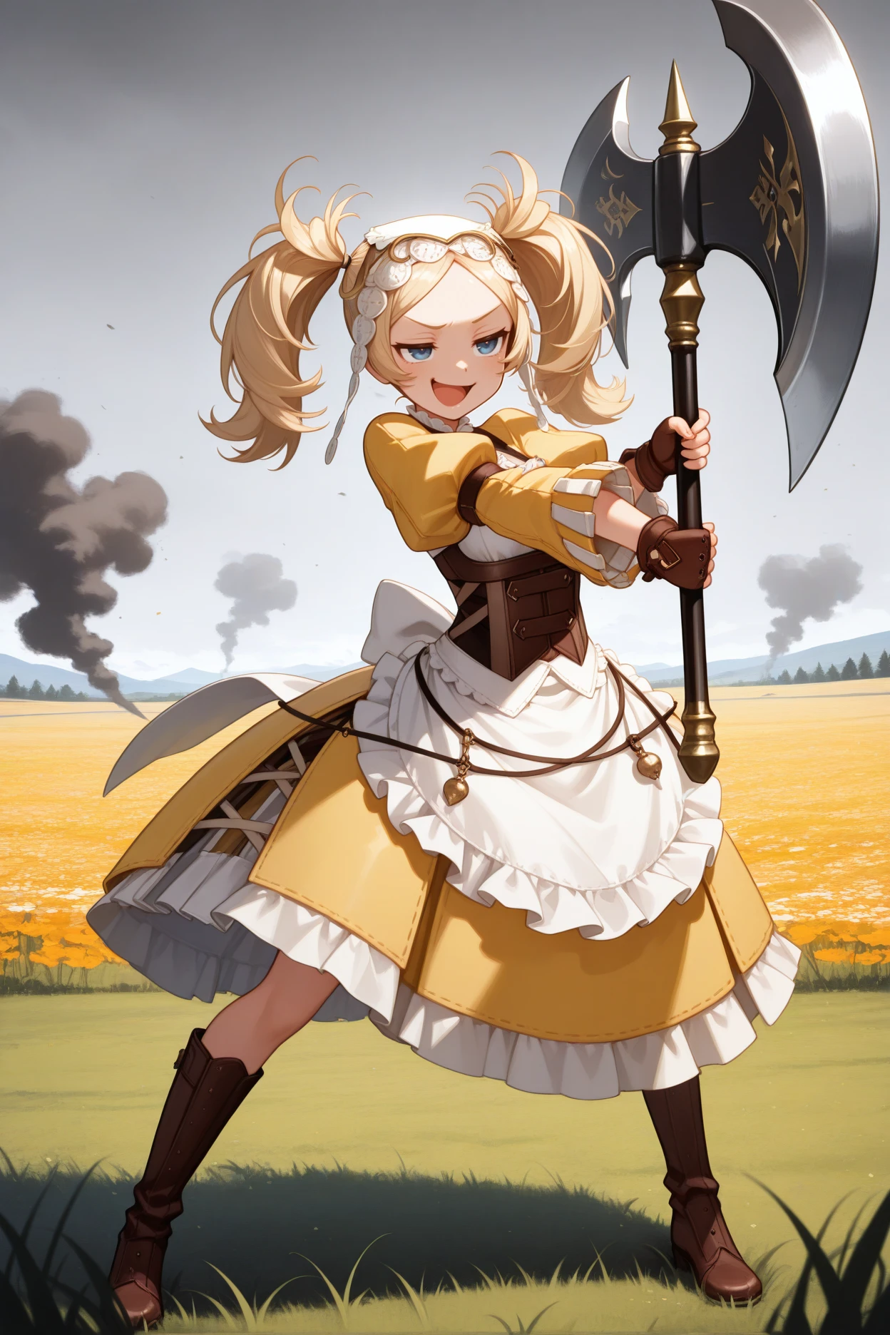 masterpiece, best quality, 1girl, solo, <lora:felissa-illu-nvwls-v1-000006:1> baseliz, blue eyes, blonde hair, twintails, white headdress, yellow dress, white shirt, frills, brown corset, puffy sleeves, long sleeves, waist apron, white apron, brown gloves, fingerless gloves, brown boots, full body, holding giant axe, smug, open mouth, smirk, fighting stance, grey sky, field, smoke, fire