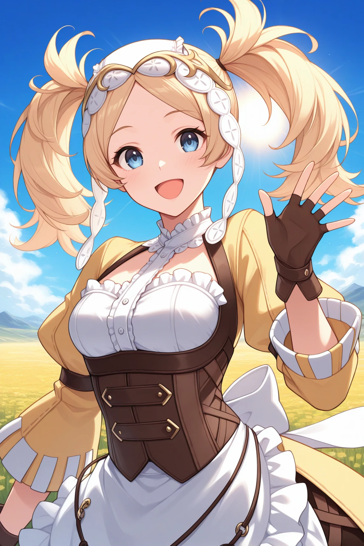 masterpiece, best quality, 1girl, solo, <lora:felissa-illu-nvwls-v1-000006:1> baseliz, blue eyes, blonde hair, twintails, white headdress, yellow dress, white shirt, frills, brown corset, puffy sleeves, long sleeves, waist apron, white apron, brown gloves, fingerless gloves, upper body, smile, open mouth, happy, blue sky, clouds, sun, field, looking at viewer, waving