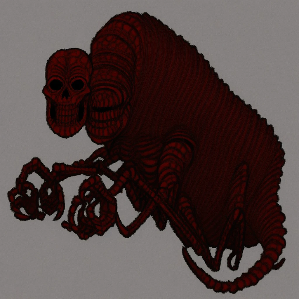 grotesque skeletal creature, red chitinous exoskeleton, glowing red, detailed textures, sharp claws, segmented tail, hollow black eyes, eerie humanoid face, wrinkled skull, no humans, monster, kaiju, 2 arms, 3-clawed hands, solo, red skin, 2 bat wings, 2 4-toed bird legs,