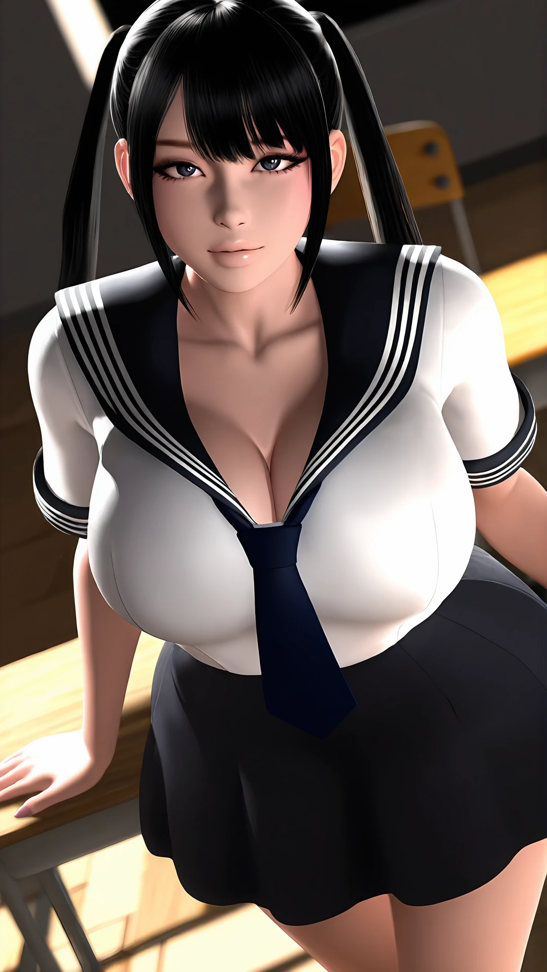 masterpiece, best quality, cinematic, photorealistic, ultra-detailed), (1girl, female Japanese student), (wide shot, from the front:1.4), (wearing a Traditional seifuku with a navy blue skirt and white blouse:1.5), (natural black hair, high ponytail tied with a simple ribbon:1.2), perfect hands, perfect face, (tall height, wide hips, long round legs, sexy legs, round ass), (massive natural soft tits), (hazel eyes, soft and shimmery eyeshadows, detailed pupils, defined eyelashes), (blushing, slightly parted lips, nude pink lips:1.2), (gradient background:1.3), (crouching seductively:1.4)