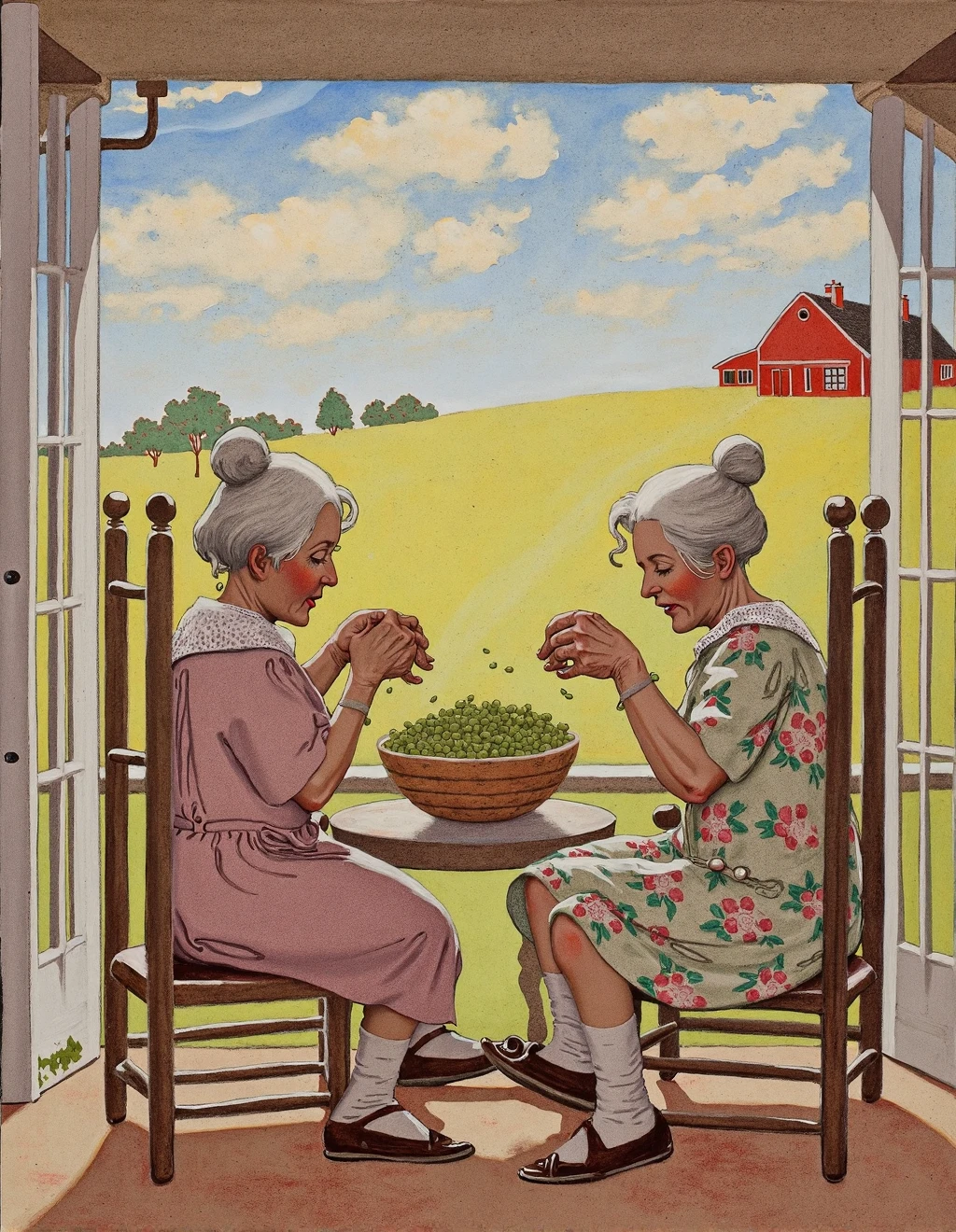 <lora:JessieWillcoxSmithStyle:1>Jessie Willcox Smith Style, Two elderly sisters shell peas on a wraparound porch, their rocking chairs pulled close together. White hair in matching buns frames their weathered faces with remarkably similar features despite decades of different experiences. Their hands work automatically, muscle memory guiding fingers that have performed this task for seventy summers. Faded floral dresses with lace collars maintain the dignity of an earlier era. A bowl of freshly shelled peas grows steadily between them. The porch view reveals a rural landscape bathed in late afternoon light â golden fields, distant blue hills, a red barn. The scene is rendered in nostalgic watercolors with soft edges and warm undertones that evoke simpler times.