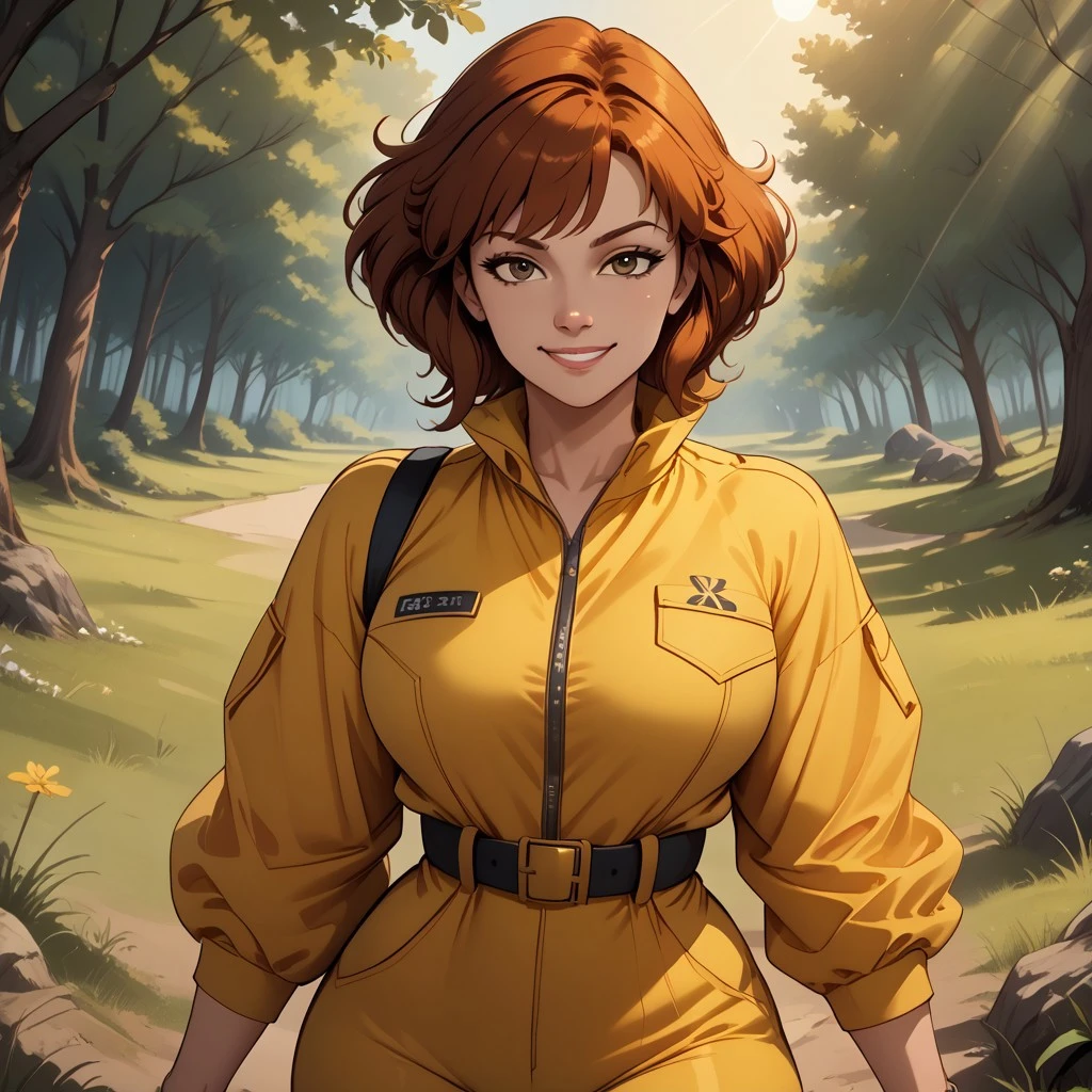 score_9, score_8, BREAK, April O’ Neil, beautiful red head girl, large breasts, broad hips, strong legs, tight waist, hourglass figure, chin-length auburn hair, athletic build, dark brown eyes, yellow jumpsuit, big cleavage, white belt, a watch, white boots, sexy pose, self portrait, smile, outdoors, sunlight, shadows, evening lighting, natural lighting, forest, trees, grass, orange sky, sunset