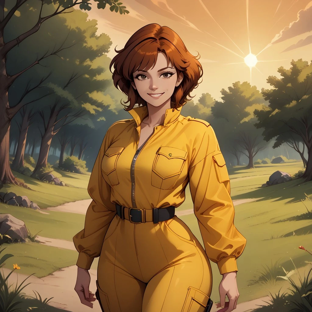score_9, score_8, BREAK, April O’ Neil, beautiful red head girl, large breasts, broad hips, strong legs, tight waist, hourglass figure, chin-length auburn hair, athletic build, dark brown eyes, yellow jumpsuit, big cleavage, white belt, a watch, white boots, sexy pose, self portrait, smile, outdoors, sunlight, shadows, evening lighting, natural lighting, forest, trees, grass, orange sky, sunset