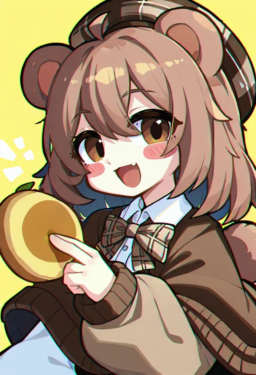 1girl,original,:d,ahoge,animal ears,bear ears,bow,bowtie,brown capelet,brown eyes,brown hair,capelet,chromatic aberration,fang,food,hand up,hat,holding,holding leaf,leaf,long sleeves,looking at viewer,medium hair,open mouth,pancake,plaid bow,plaid bowtie,plaid clothes,puffy long sleeves,puffy sleeves,shirt,smile,solo,tail,white shirt,yellow background,bear tail,brown jacket,bear girl,beret,collared shirt,brown hat,plaid headwear,upper body,grey bowtie,holding food,blush stickers,hair between eye,jacket,simple background,grey bow <lora:kotobaXL_il1_lokr_V6311P:0.95>