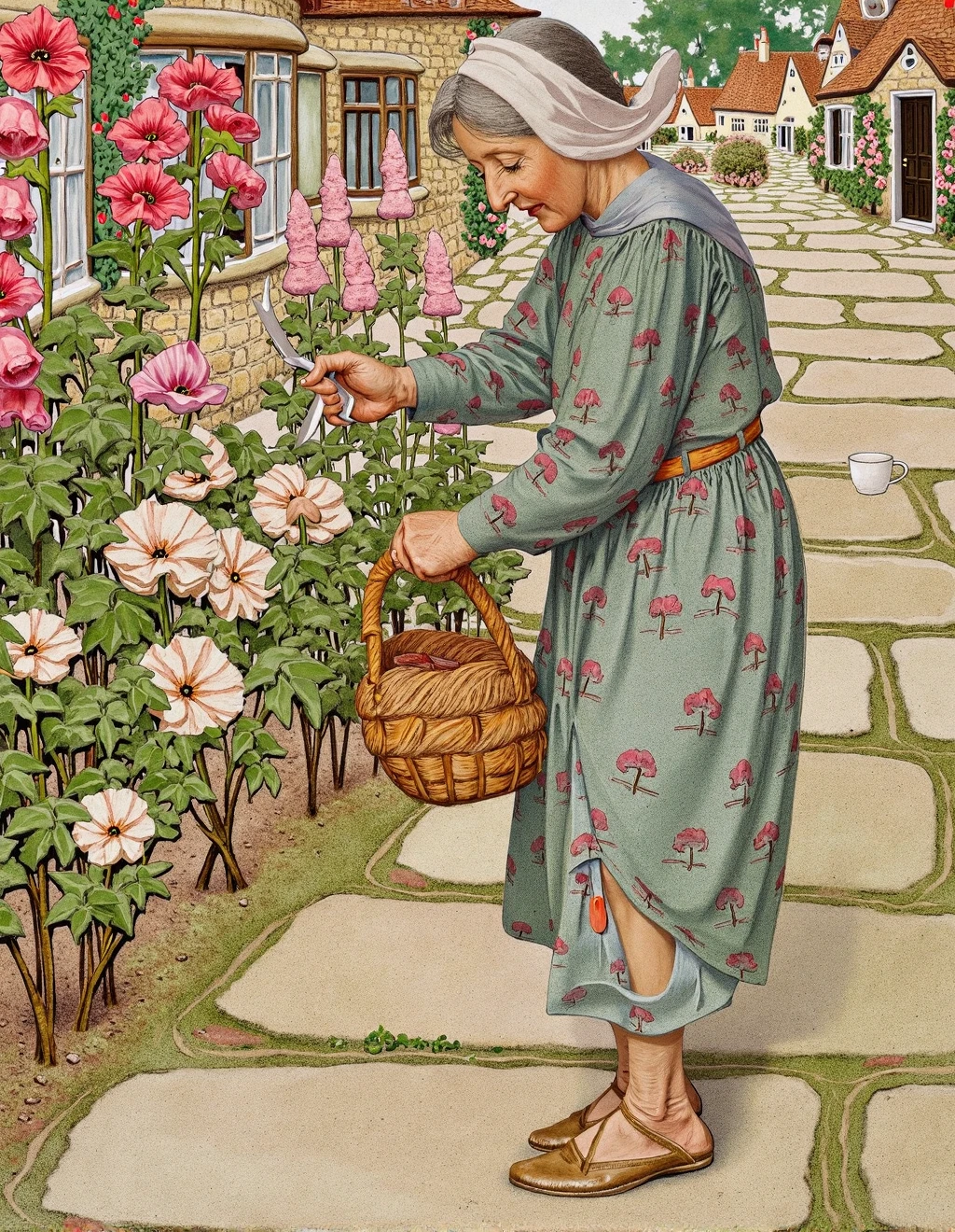 <lora:JessieWillcoxSmithStyle:1>Jessie Willcox Smith Style, An elderly gardener tends roses outside a stone cottage, her weathered hands carefully pruning with silver shears. Her gray hair escapes a loosely tied kerchief as she bends to her beloved plants. A wicker basket at her feet collects trimmed stems and spent blooms. Her faded floral dress has practical patches at the knees from years of garden work. The cottage garden overflows with traditional English flowers â foxgloves, hollyhocks, and sweet peas climb walls and tumble over paths in organized chaos. Soft watercolor rendering gives the scene a nostalgic quality, with colors blending gently at their edges. A ceramic mug of tea grows cold on a nearby bench, forgotten in her absorption with her prize-winning rose specimens.
