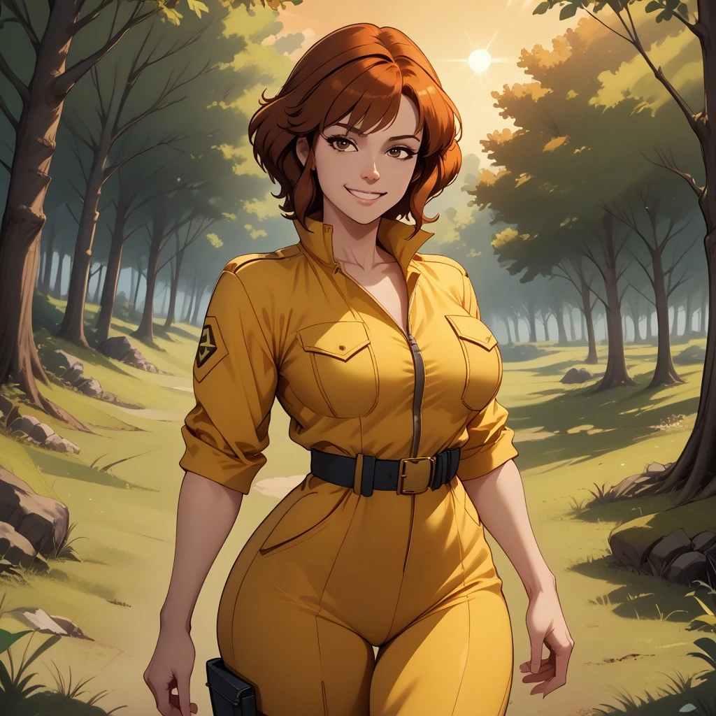 score_9, score_8, BREAK, April O’ Neil, beautiful red head girl, large breasts, broad hips, strong legs, tight waist, hourglass figure, chin-length auburn hair, athletic build, dark brown eyes, yellow jumpsuit, big cleavage, white belt, a watch, white boots, sexy pose, self portrait, smile, outdoors, sunlight, shadows, evening lighting, natural lighting, forest, trees, grass, orange sky, sunset