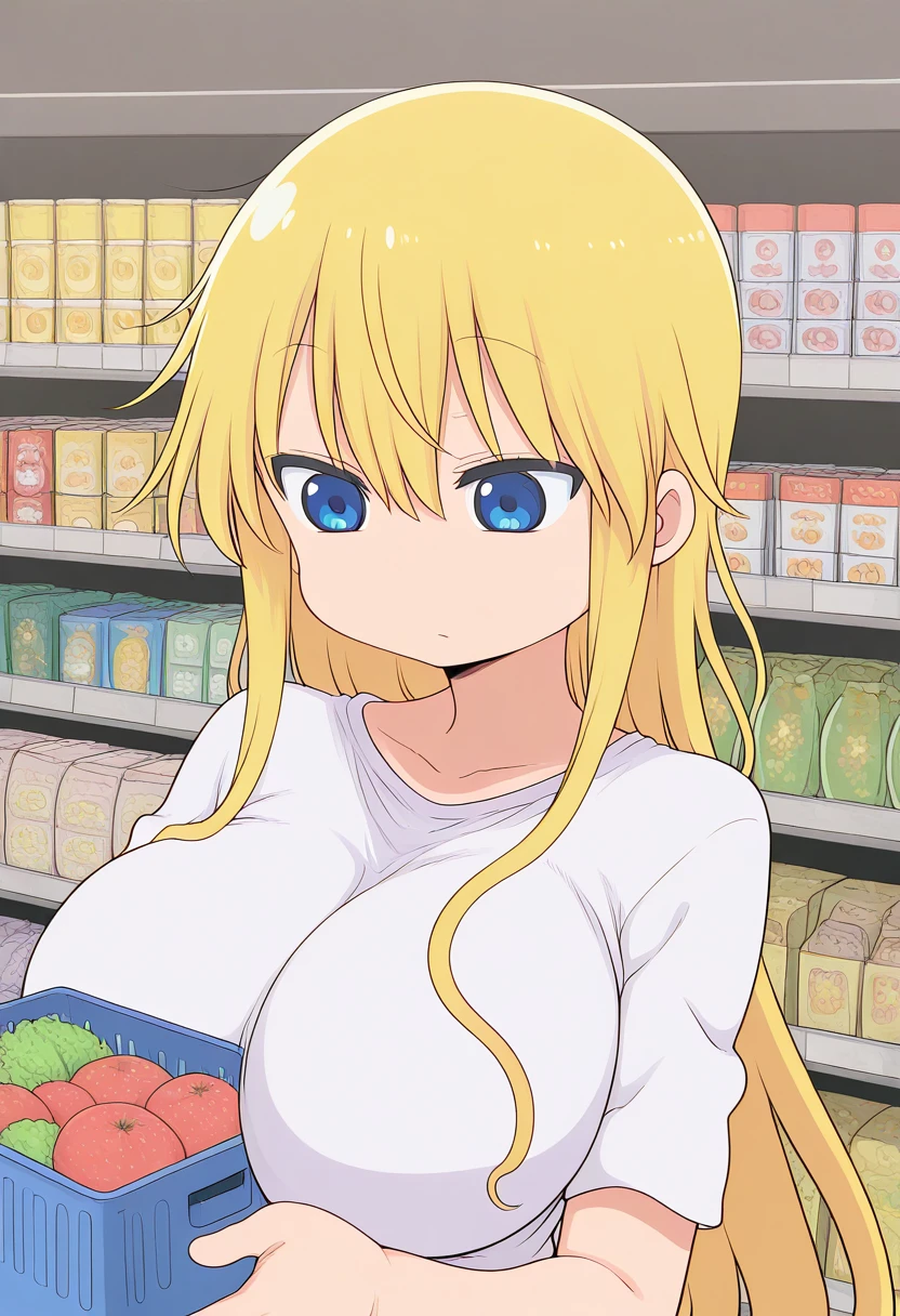 masterpiece, best quality, anime coloring, 1girl, (maidragon: 0.5), kyoto animation, solo, upper body, long hair, blonde hair, white t-shirt, shopping, no nose, grocery store, anime screenshot