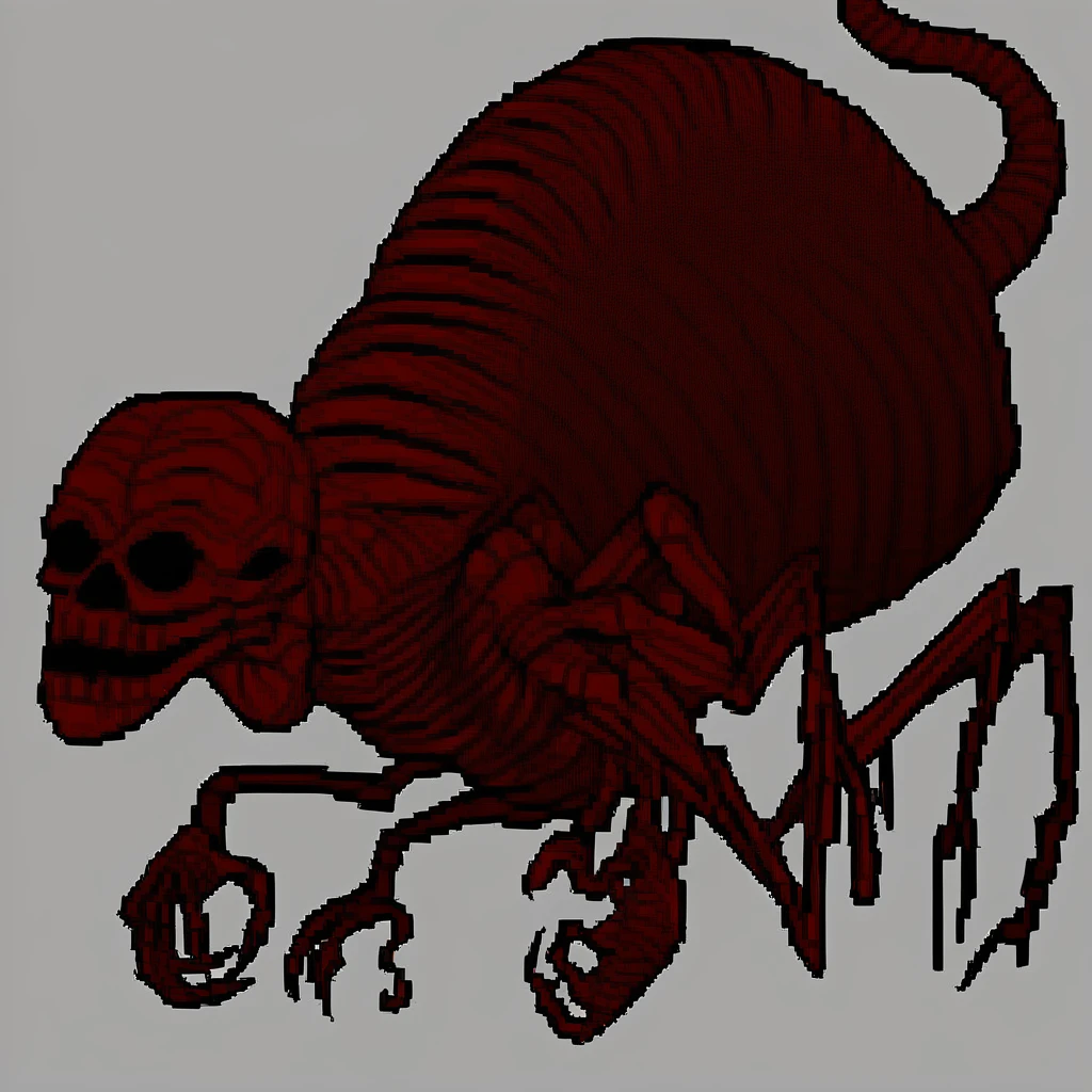 grotesque skeletal creature, red chitinous exoskeleton, 2 legs, glowing red, detailed textures, sharp claws, long segmented tail, hollow black eyes, eerie humanoid face, wrinkled skull, no humans, monster, kaiju, 4 arms, 3-clawed hands, solo, red skin, long segmented neck, hunched posture,