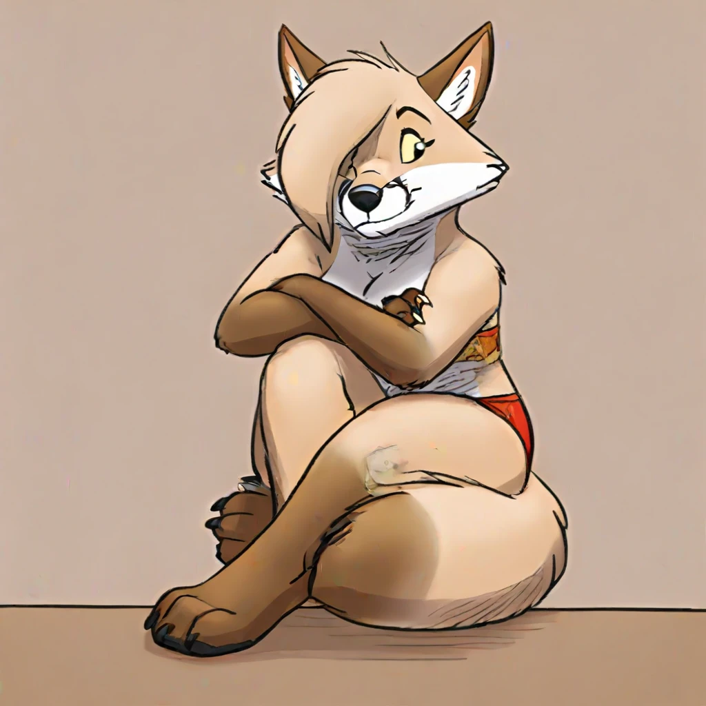 Solo, Furry, Anthro, Coati, Female, E621, Standing, Naked, Small Curves, Front view, Small ass, Hands behind back, Small breasts, Plain background, by buta99:1.2, goonie-san, meesh, zaush