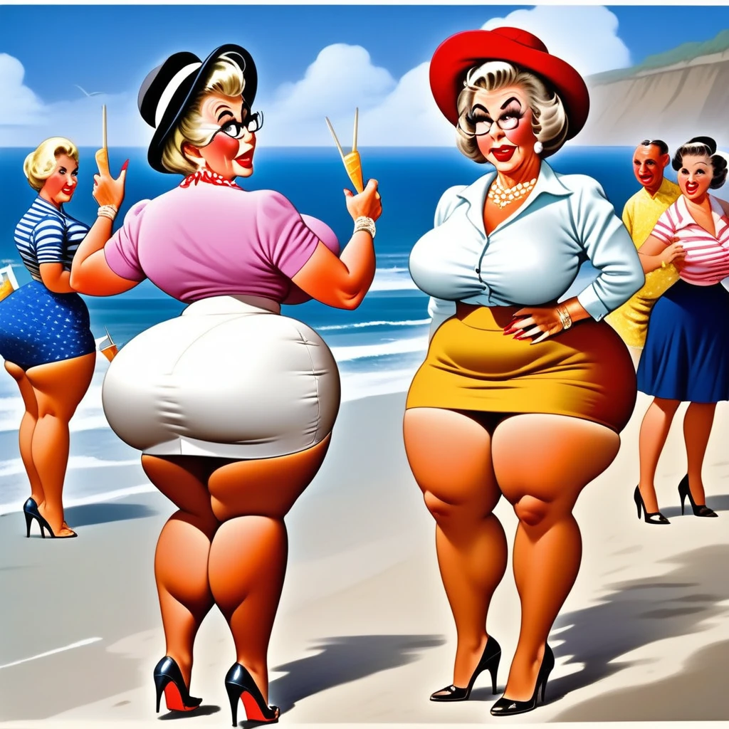 "Create a pencil line drawing cartoon of a plus-sized woman wearing a sexy bikini, standing with her back turned in a bustling sea. The scene should include many people walking around."