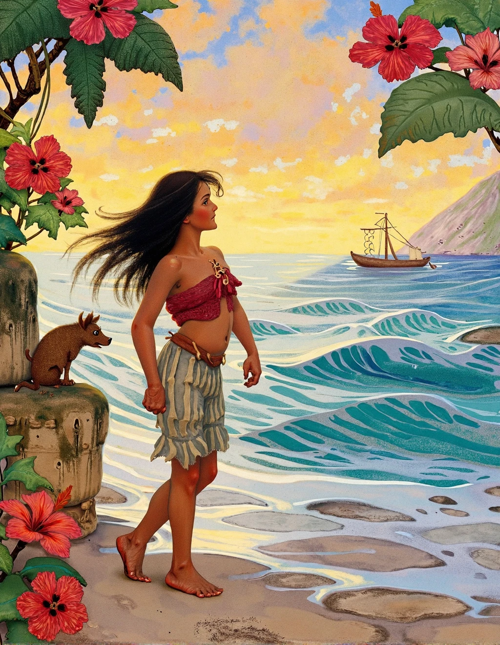<lora:JessieWillcoxSmithStyle:1>Jessie Willcox Smith Style, Moana stands at her island's shoreline at sunrise, gentle waves lapping at her bare feet as she gazes toward distant horizons. Her wild dark hair catches morning breeze while soft light illuminates her determined yet dreamy expression. Tropical flora frames the scene â hibiscus blooms, palm fronds, and flowering vines â rendered in luminous watercolor washes that capture South Pacific beauty without photographic precision. Her pet pig and chicken companion observe from nearby rocks as she launches a small boat crafted by her own hands. The ocean seems to respond to her presence, waves forming patterns around her ankles. Her expression shows the tension between responsibility to her people and the irresistible call of exploration. The scene reimagines the Disney heroine through Smith's characteristic portrayal of young women in contemplative communion with nature, particularly in threshold moments between known and unknown worlds.