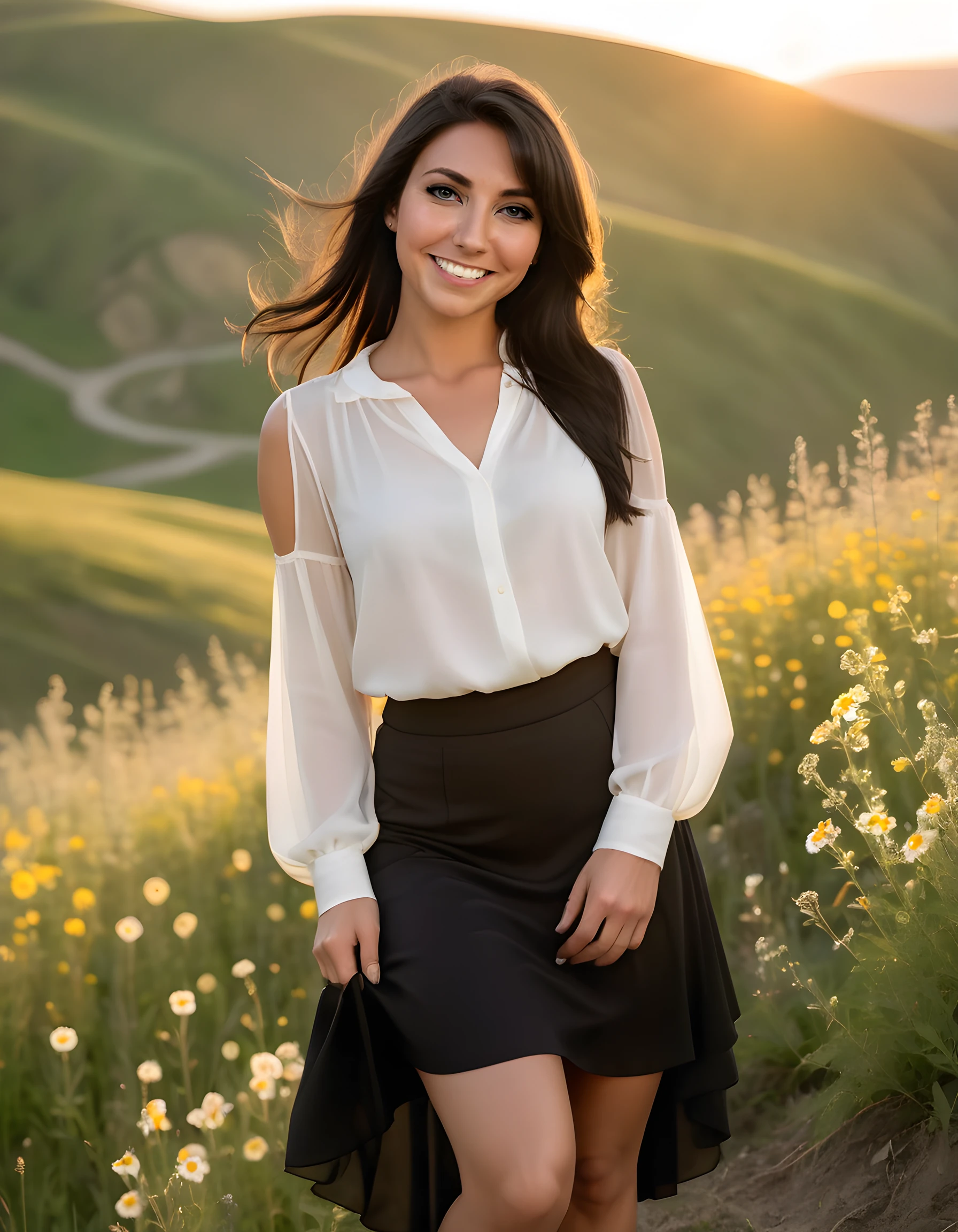 Arafed woman in a white shirt and black skirt standing in a field ...