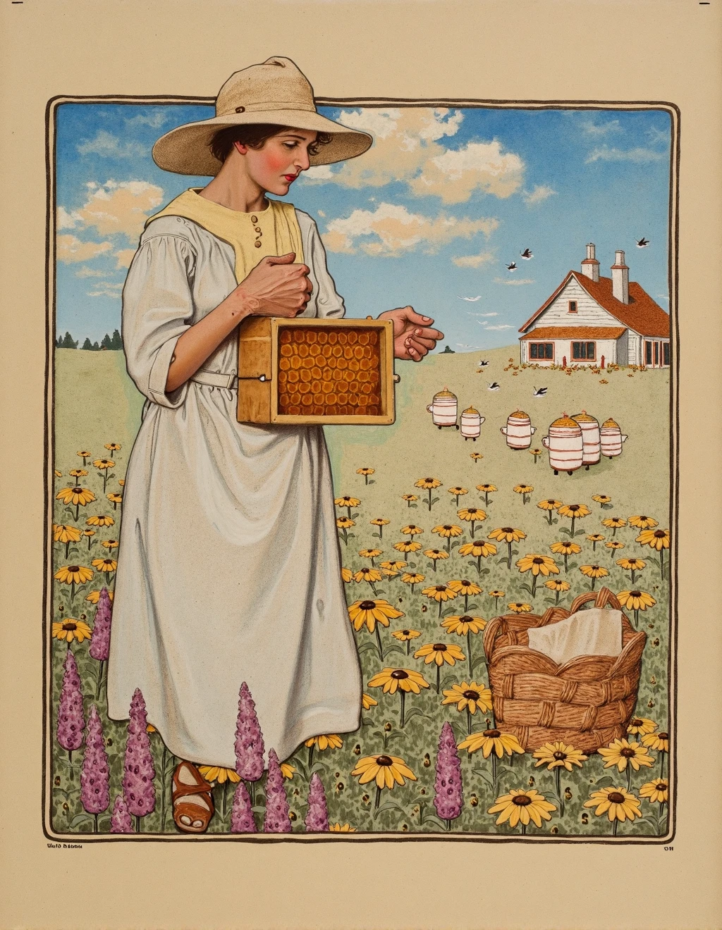 <lora:JessieWillcoxSmithStyle:1>Jessie Willcox Smith Style, A woman in a wide-brimmed straw hat tends beehives in a wildflower meadow, golden honey visible in the frame she carefully holds. Her white cotton dress with rolled sleeves shows practical adaptation to farm work despite its feminine details. Thousands of bees surround her in a gentle cloud, rendered as delicate dots against the pastoral landscape. The meadow stretches to distant blue hills, a quilt of wildflowers in soft watercolor washes â lavender, clover, and black-eyed Susans dominate the palette. A weathered farmhouse visible in the distance promises kitchen alchemy with the gathered honey. The beekeeper's expression shows focused calm, completely comfortable with her buzzing charges. A wicker basket nearby holds jars ready to receive the amber harvest.