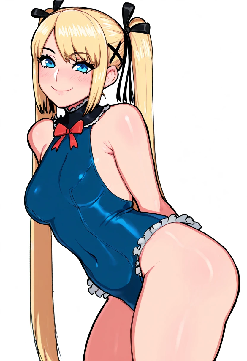 masterpiece, best quality, medium breasts, (curvy),   BREAK, zzMarie, blue eyes, blonde hair, hair ornament, hair ribbon, long hair, twintails, very long hair, x hair ornament, one-piece swimsuit, blue one-piece swimsuit, black ribbon, frilled swimsuit, swimsuit, ribbon, frills, dead or alive, <lora:MarieRose_NAI:1.0>,smile, looking at viewer, cowboy shot,  leaning forward, side view,  <lora:AfrobullNAI:0.8>,