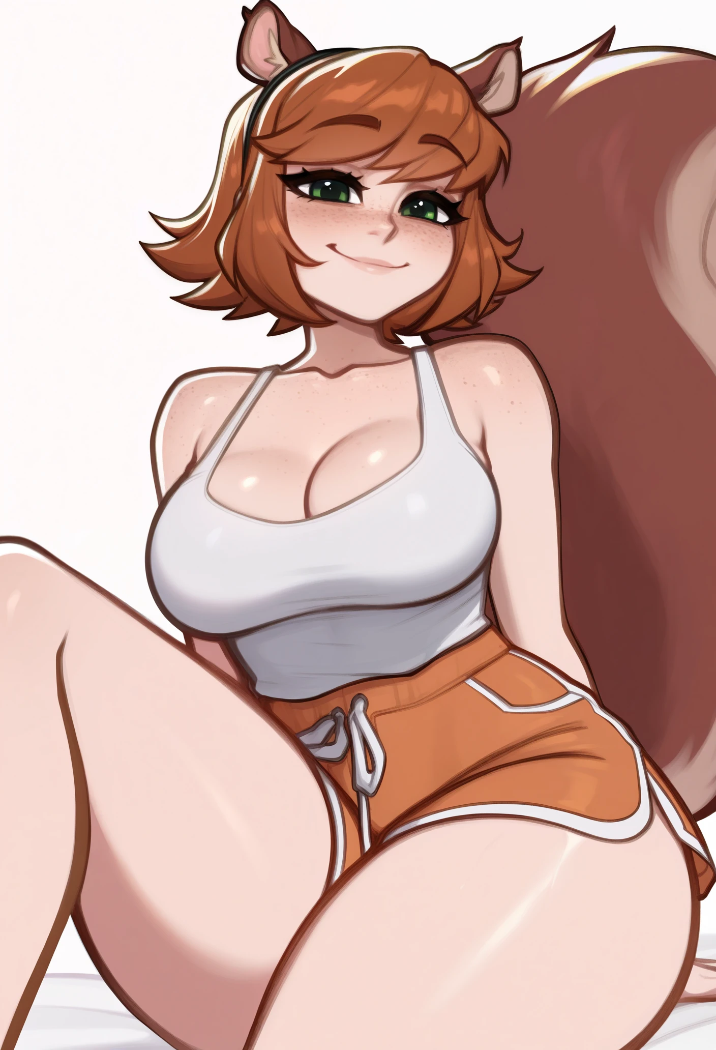 NSFW,1 girl,solo,marcos mom,smiling, brown hair, long hair,green eyes,blush,lipstick,huge breasts,full body view, naked,touching herself,blush,sitting at bed,svtfoe styled bedroom,wearing green long socks, wearing garterbelt