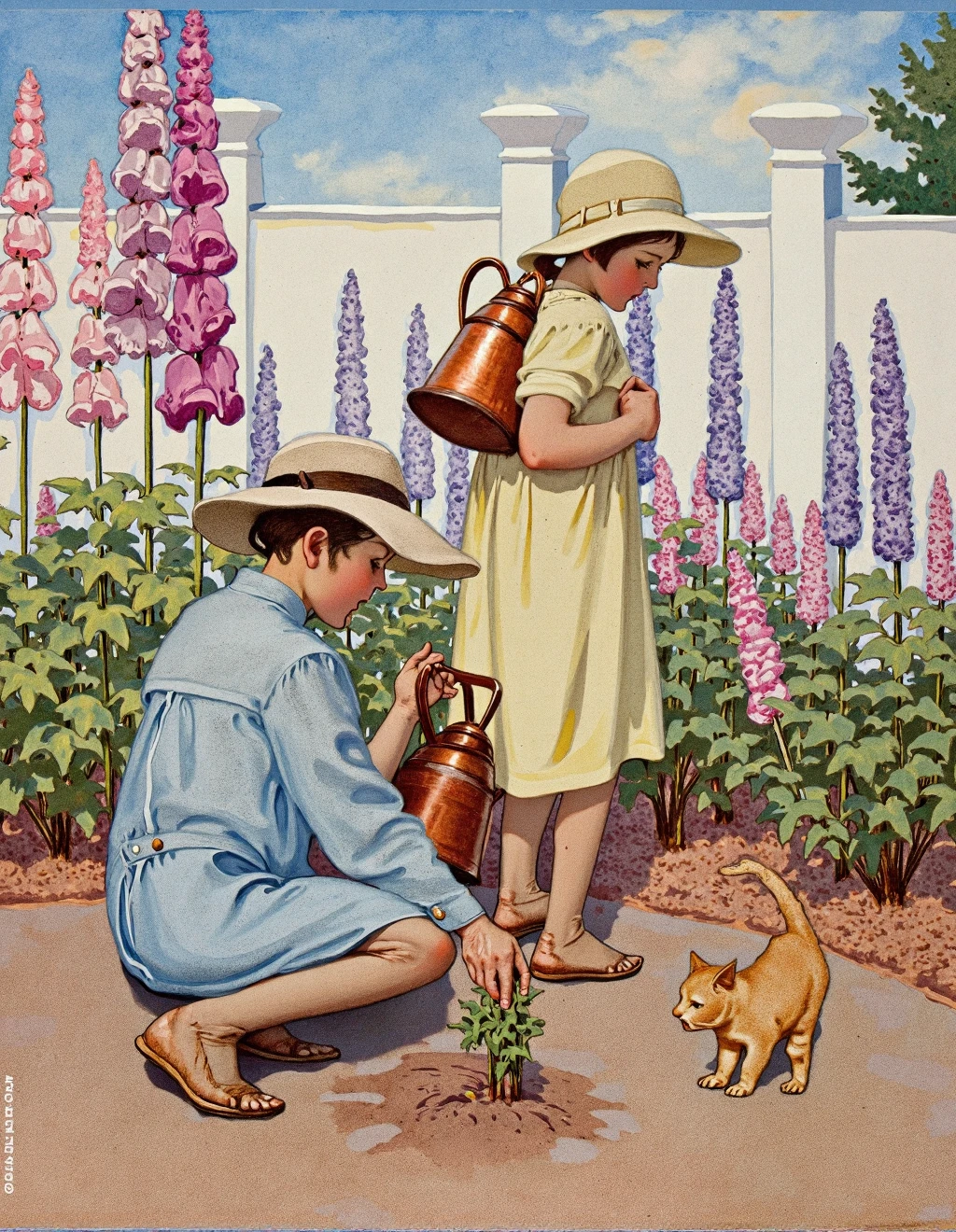 <lora:JessieWillcoxSmithStyle:1>Jessie Willcox Smith Style, Two sisters tend a lush cottage garden in late afternoon sunshine. The elder wears a wide-brimmed straw hat and faded blue dress, kneeling to plant seedlings with soil-stained hands. Her younger sister in a pale yellow frock carries a copper watering can nearly too heavy for her slender arms. Hollyhocks and foxgloves tower behind them against whitewashed garden walls. A tabby cat watches from beneath lavender bushes, its orange coat complementing the purple blooms. Soft watercolor rendering gives the scene a nostalgic quality, with colors blending at their edges. Delicate brushwork captures individual flower petals and the concentration in the women's expressions as they work in companionable silence.