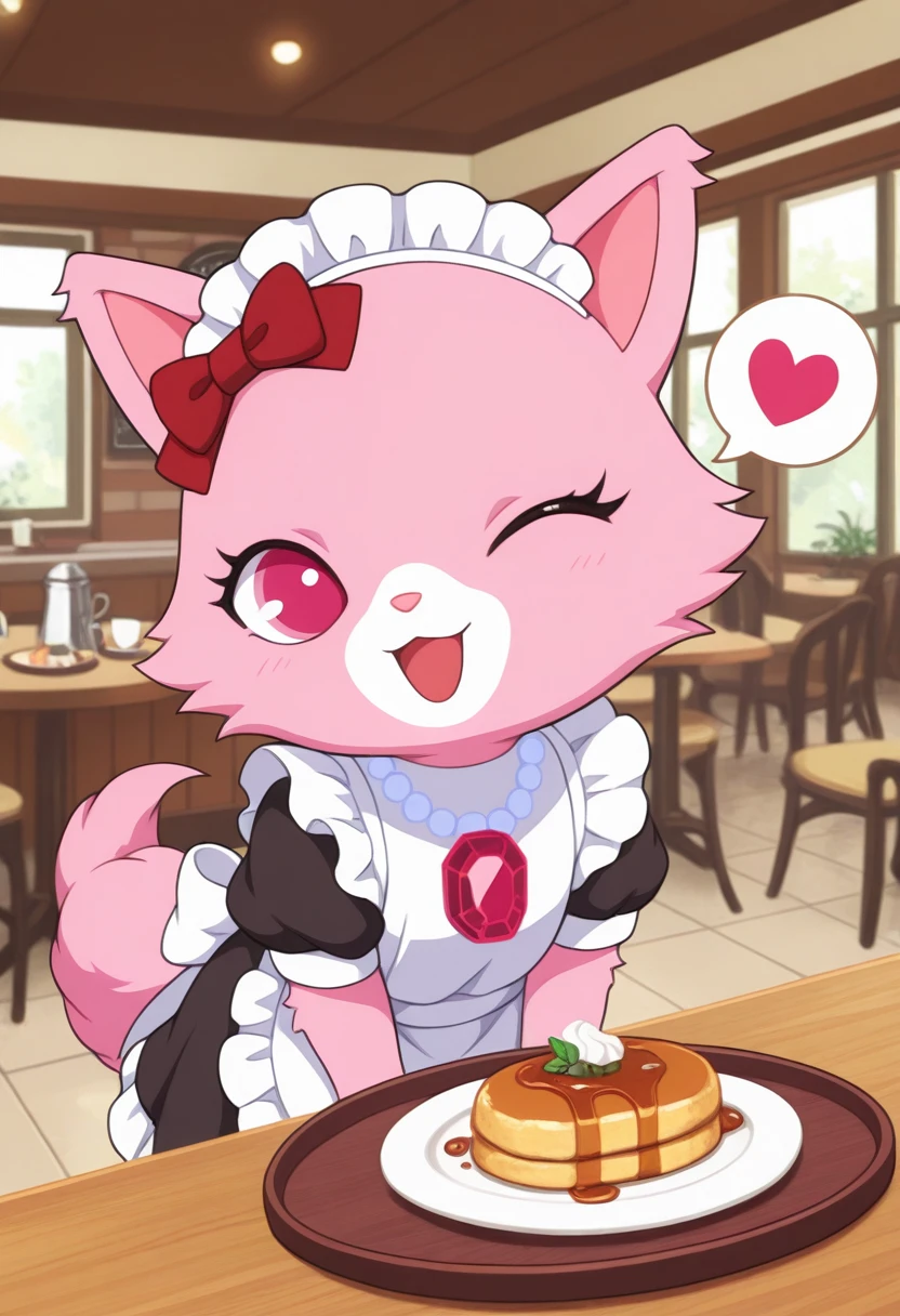 best quality, masterpiece, very aesthetic, garnetjp, no humans, open mouth, bow, pink eyes, pink fur, jewelry, smile, looking at viewer, hair bow, white muzzle, necklace, cat, tail, cafe, maid, maid headdress, tray, food, one closed eye, spoken heart,