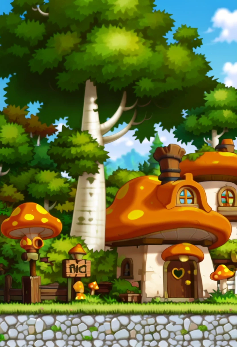 masterpiece, best quality, zzHenesys, outdoors, no humans, tree, grass, sky, house, scenery, mushroom, door, window, fence, chimney, sign, plant, building, nature, cinematic composition, ,<lora:Henesys_MapleStory_IXL:1.0>,