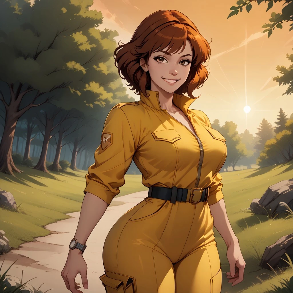 score_9, score_8, BREAK, April O’ Neil, beautiful red head girl, large breasts, broad hips, strong legs, tight waist, hourglass figure, chin-length auburn hair, athletic build, dark brown eyes, yellow jumpsuit, big cleavage, white belt, a watch, white boots, sexy pose, self portrait, smile, outdoors, sunlight, shadows, evening lighting, natural lighting, forest, trees, grass, orange sky, sunset