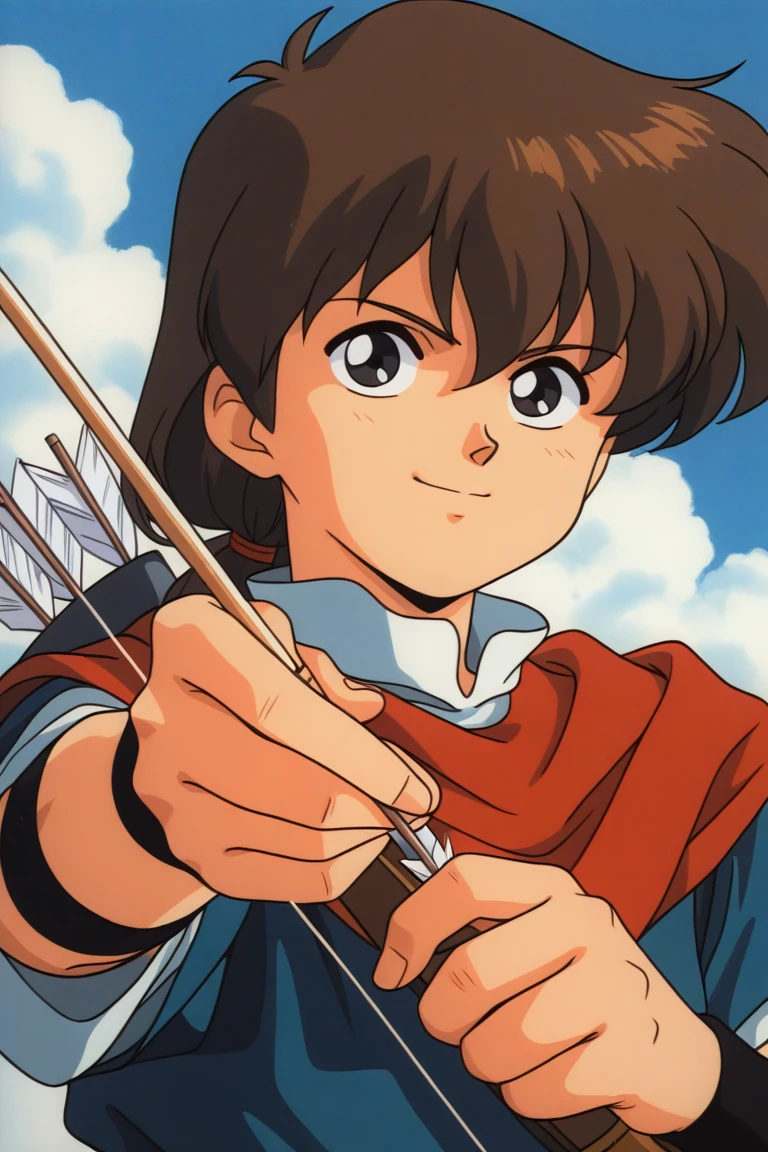 1990s_\(style\),retro_artstyle,1boy,Robin_Hood,brown_hair,arrow(projectle),bow(weapon),holding_weapon,looking_at_viewer,smile,upper_body,blue_sky,cloud,BREAK score_9, score_8_up, score_7_up, masterpiece, best quality, source_anime,official art,perfect_anatomy