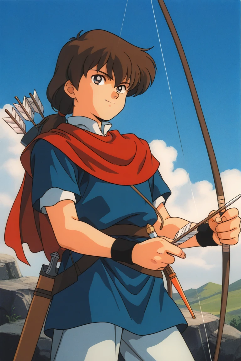 1990s_\(style\),retro_artstyle,1boy,Robin_Hood,brown_hair,arrow(projectle),bow(weapon),holding_weapon,looking_at_viewer,smile,cowboy_shot,blue_sky,cloud,from_side,BREAK score_9, score_8_up, score_7_up, masterpiece, best quality, source_anime,official art,perfect_anatomy