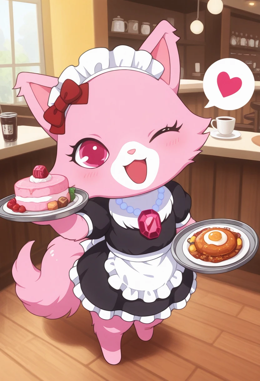 best quality, masterpiece, very aesthetic, garnetjp, no humans, open mouth, bow, pink eyes, pink fur, jewelry, smile, looking at viewer, hair bow, white muzzle, necklace, cat, tail, cafe, maid, maid headdress, tray, food, one closed eye, spoken heart,