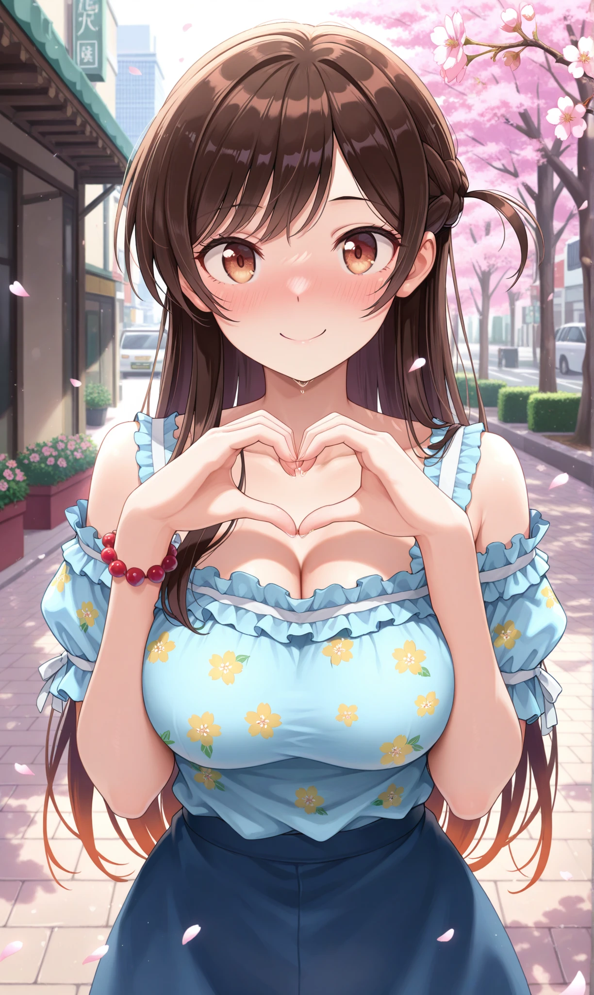 1girl, solo, masterpiece, best quality, amazing quality, street, cherry blossoms, street, looking at viewer, mizuhara chizuru, brown eyes, long hair, one side up, long hair, braid, blue shirt, frills, puffy short sleeves, blue skirt, off-shoulder shirt, short skirt, shirt print, bead bracelet, nose blush, yellow flower print, frilled straps, smile, closed mouth, heart hand