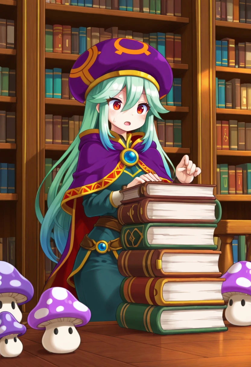 masterpiece, best quality,    purple mushroom, (library, giant book:1),  zzHenesys,   ,<lora:Henesys_MapleStory_IXL:0.6>,