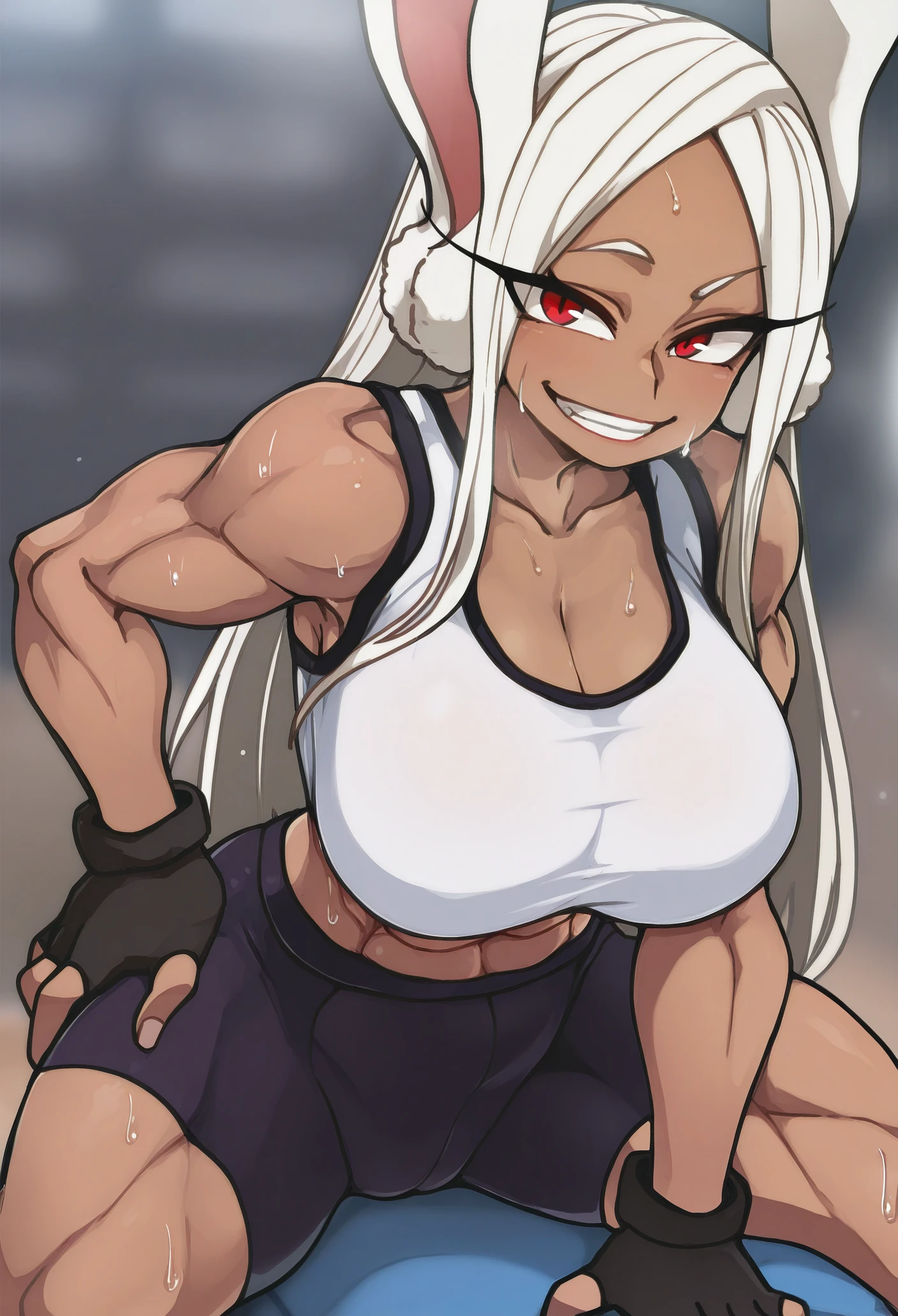 1girl, solo, mirko, sweat, muscular female, dark skin, white hair, red eyes, fingerless gloves, black gloves, white shirt, crop top, sleeveless, large breasts, cleavage, bike shorts, black shorts, grin, blurry background,
masterpiece, best quality, <lora:Bongfill-guy90-IllustriousV1:1>, lifnob