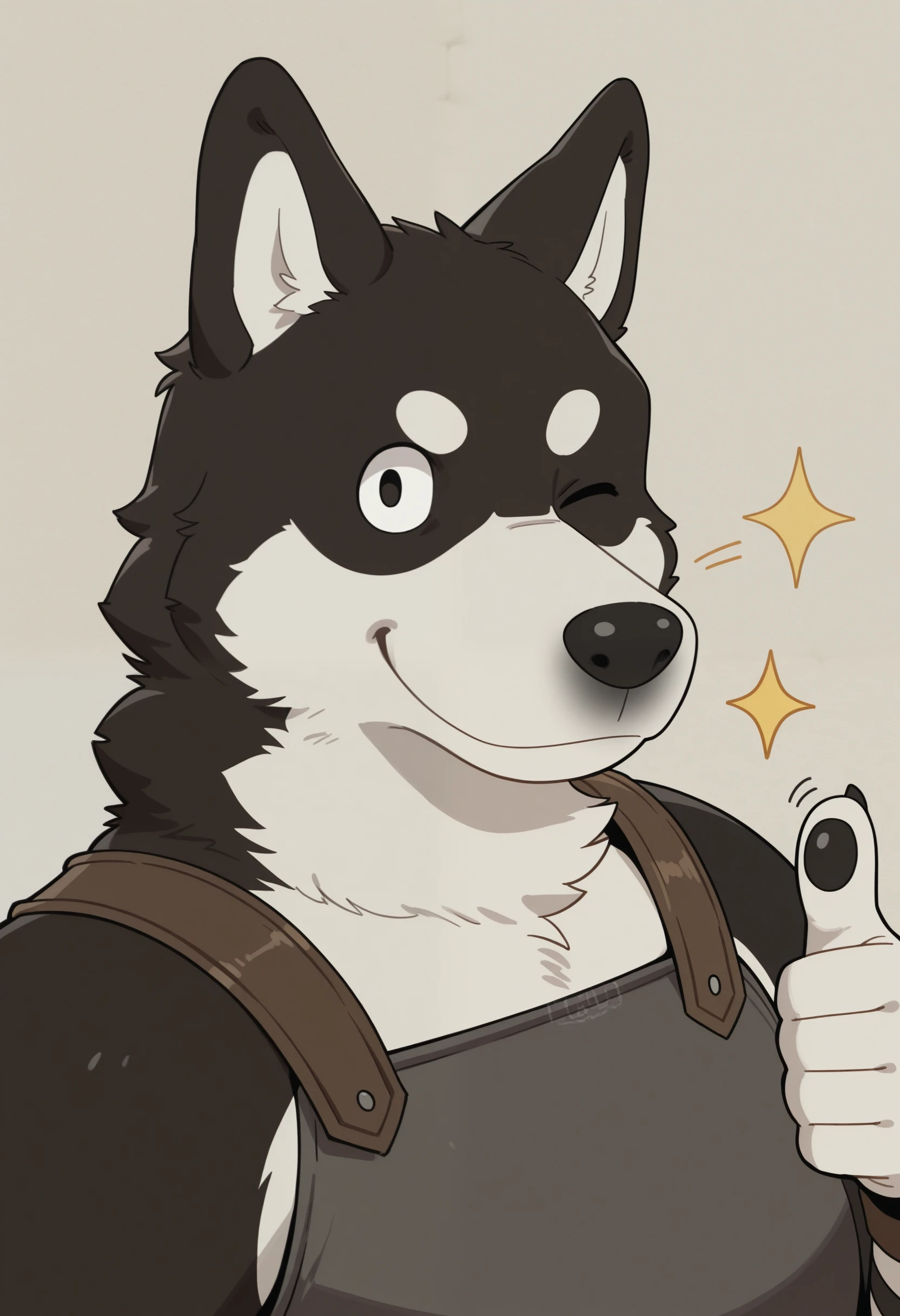 masterpiece,best quality,amazing quality, 1boy,kur0,  breastplate, dog boy, close up, looking at viewer, thumbs up, wink,