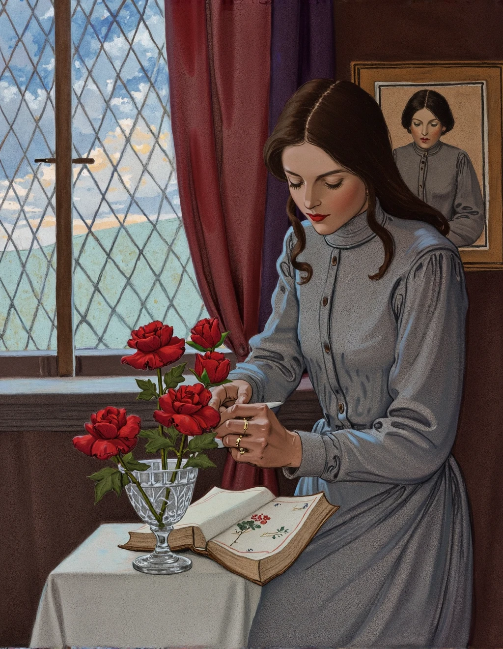 <lora:JessieWillcoxSmithStyle:1>Jessie Willcox Smith Style, Jane Eyre arranges roses in a crystal vase at Thornfield Hall, their crimson blooms contrasting with her severe gray dress and neatly parted hair. Afternoon light through leaded windows illuminates dust motes floating in the grand but slightly neglected room. Gothic architecture surrounds her â dark wood paneling, heavy draperies, and family portraits in tarnished frames â rendered in moody watercolor washes that emphasize the novel's atmospheric setting. Outside, storm clouds gather over the moors, visible through diamond-paned glass. Her expression shows quiet determination and inner strength despite outward plainness. A book of botanical illustrations lies open nearby, guiding her artistic arrangement. The scene captures Brontë's beloved character through Smith's characteristic portrayal of women finding self-expression through domestic arts within constraining circumstances.