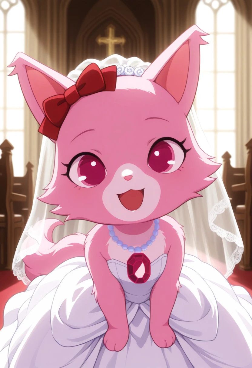 best quality, masterpiece, very aesthetic, garnetjp, no humans, open mouth, bow, pink eyes, pink fur, jewelry, smile, looking at viewer, hair bow, white muzzle, necklace, cat, tail, wedding dress, wedding veil, church, furry