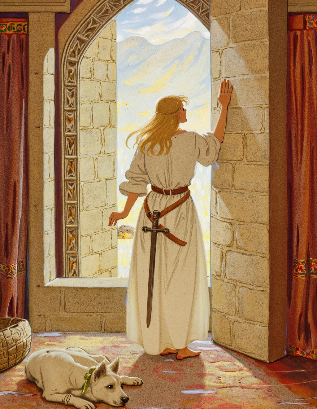 <lora:JessieWillcoxSmithStyle:1>Jessie Willcox Smith Style, Ãowyn of Rohan stands at a stone window in Meduseld's golden hall, morning light streaming through her flowing white dress and blonde hair. Her fingers trace ancient carvings in the weathered stone as she gazes toward distant mountains. A ceremonial sword hangs at her hip despite the peaceful moment, always prepared for shield-maiden duties. The hall interior features carved wooden pillars, woven tapestries, and a central hearth rendered in warm watercolor washes â ambers, deep reds, and burnished golds predominate. Her expression reveals longing and determination beneath composed features. A white hound rests loyally at her feet, alert despite relaxed posture. The scene reimagines Tolkien's valiant character through Smith's characteristic portrayal of women in contemplative domestic moments, her constrained nobility evident in both posture and wistful expression.