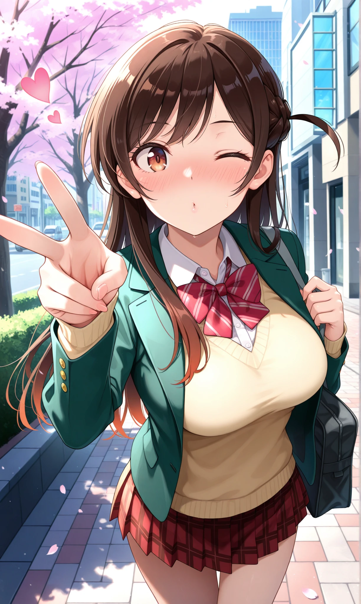1girl, solo, masterpiece, best quality, amazing quality, street, cherry blossoms, street, looking at viewer, mizuhara chizuru, brown eyes, long hair, one side up, long hair, braid, green jacket, long sleeves, open jacket, red bowtie, diagonal-striped bowtie, collared shirt, light brown vest, brown skirt, pleated skirt, plaid skirt, v, one eye closed, nose blush