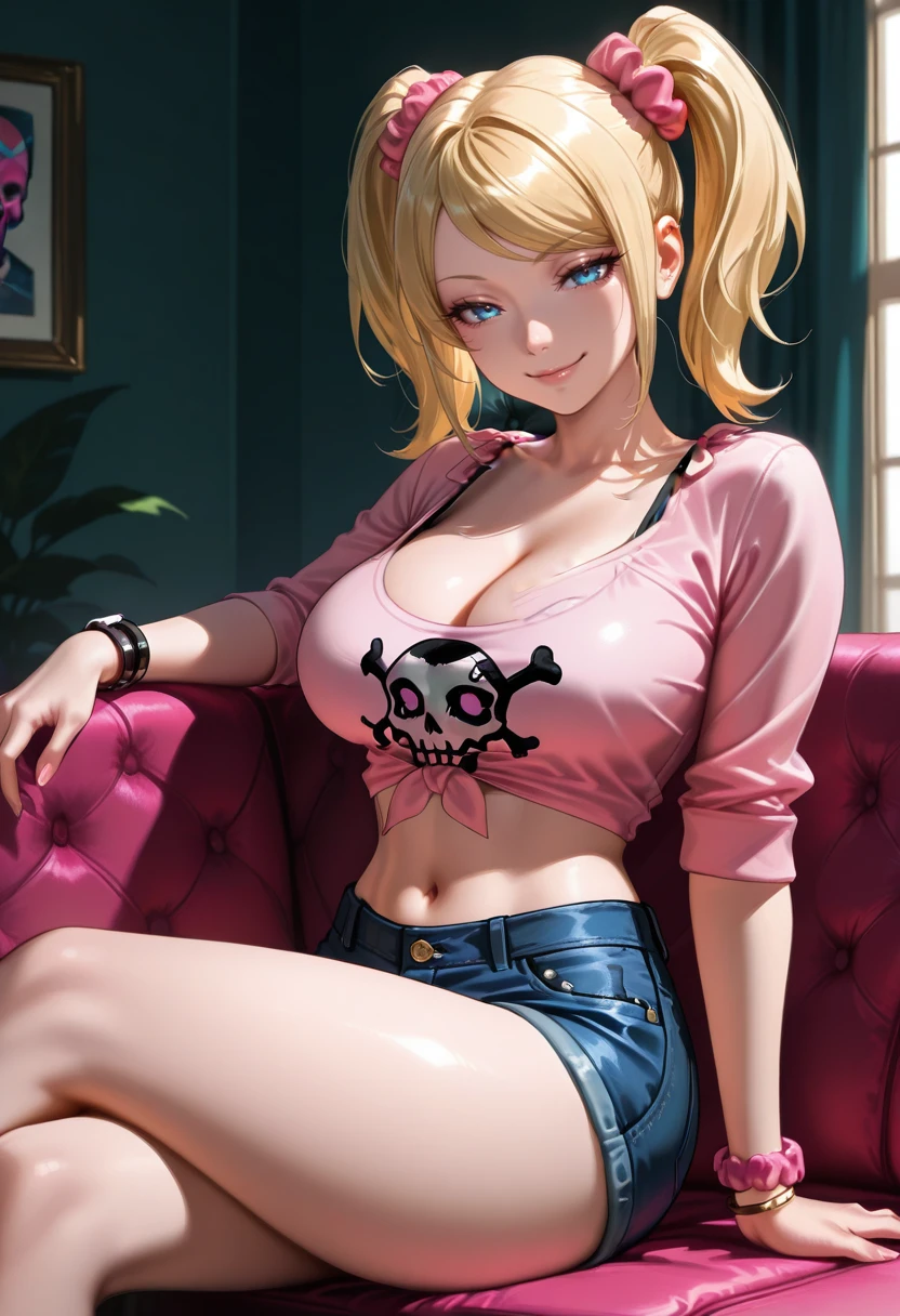 masterpiece, best quality, newest, absurdres, highres , <lora:JulietStarlingIllustrious:0.9>, JLTLOCH, blonde hair, swept bangs, twintails, blue eyes, pink scrunchie, seductive smile, sitting, on couch, cleavage, pink shirt, multiple bracelets, skull print, thighs, denim shorts, looking at viewer, crossed legs, indoors, 1girl, solo, front-tied top, navel, print shirt, black bra, bra strap,