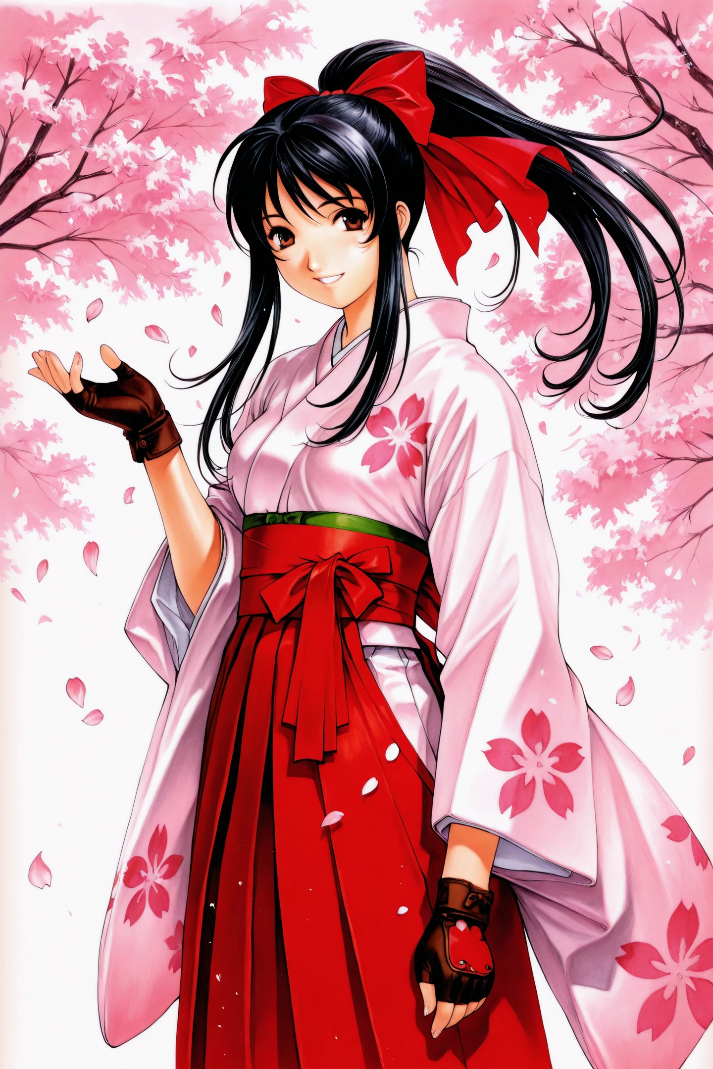 Shinguji Sakura,1girl,solo,japanese clothes,bow,black hair,red bow,long hair,brown eyes,gloves,petals,fingerless gloves,cherry blossoms,hair bow,ponytail,kimono,hakama,hakama skirt,traditional media,smile,
<lora:Sakura Wars_illustriousXL:0.5>,
<lora:Ogure Ito_illustriousXL:1>,