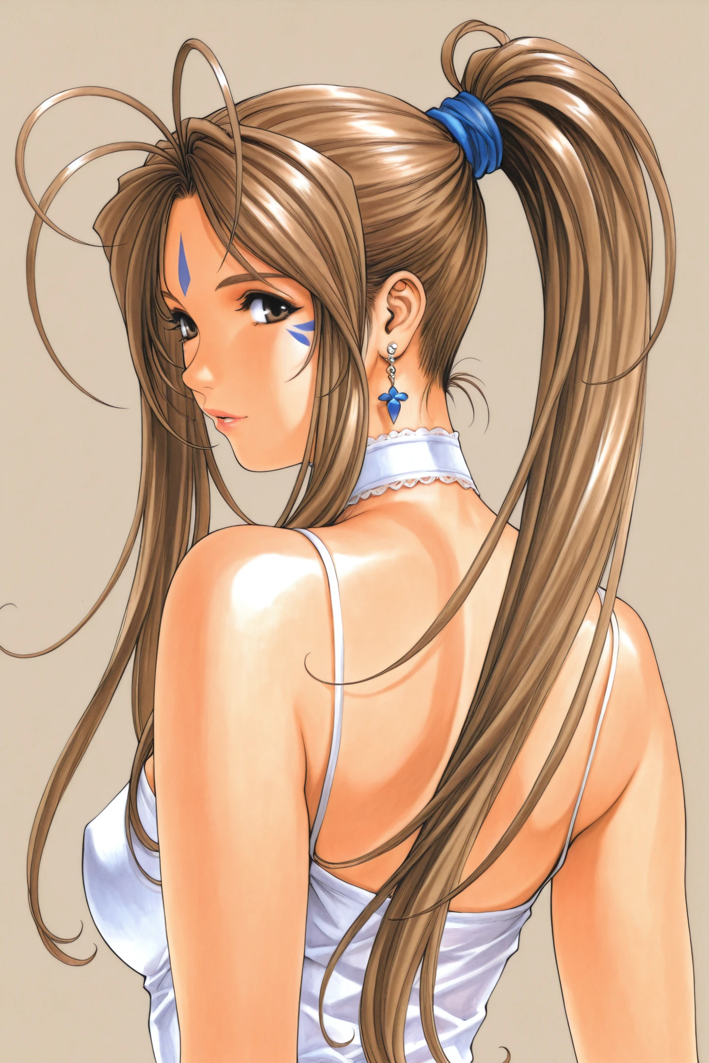 Belldandy,1girl,solo,long hair,jewelry,brown hair,earrings,ponytail,facial mark,choker,forehead mark,looking back,traditional media,simple background,
<lora:Kosuke Fujishima_illustriousXL:0.4>,
<lora:Ogure Ito_illustriousXL:1>,