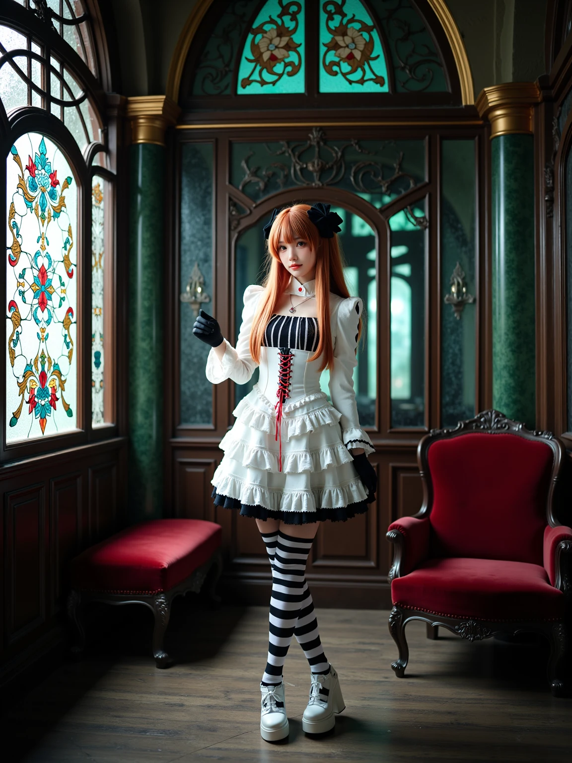 A realistic photo of a beautiful woman in cyb-asuka cosplay costume, include white dress with cross-laced corset. she is also wearing black gloves and striped thighhighs and white high heels. She has long orange hair with hair ornament. The background is a dimly lit, art nouveau-style room with intricate ironwork and stained-glass partitions. The space features curved lines, floral motifs, and a color palette dominated by deep greens, rich reds, and golds. Soft light filters through the stained glass, creating patterns on the floor and walls. The room has an air of decadent elegance, with plush velvet furniture and heavy drapery. This setting combines beauty and darkness, allowing a gothic character to contrast with or complement the ornate surroundings.
