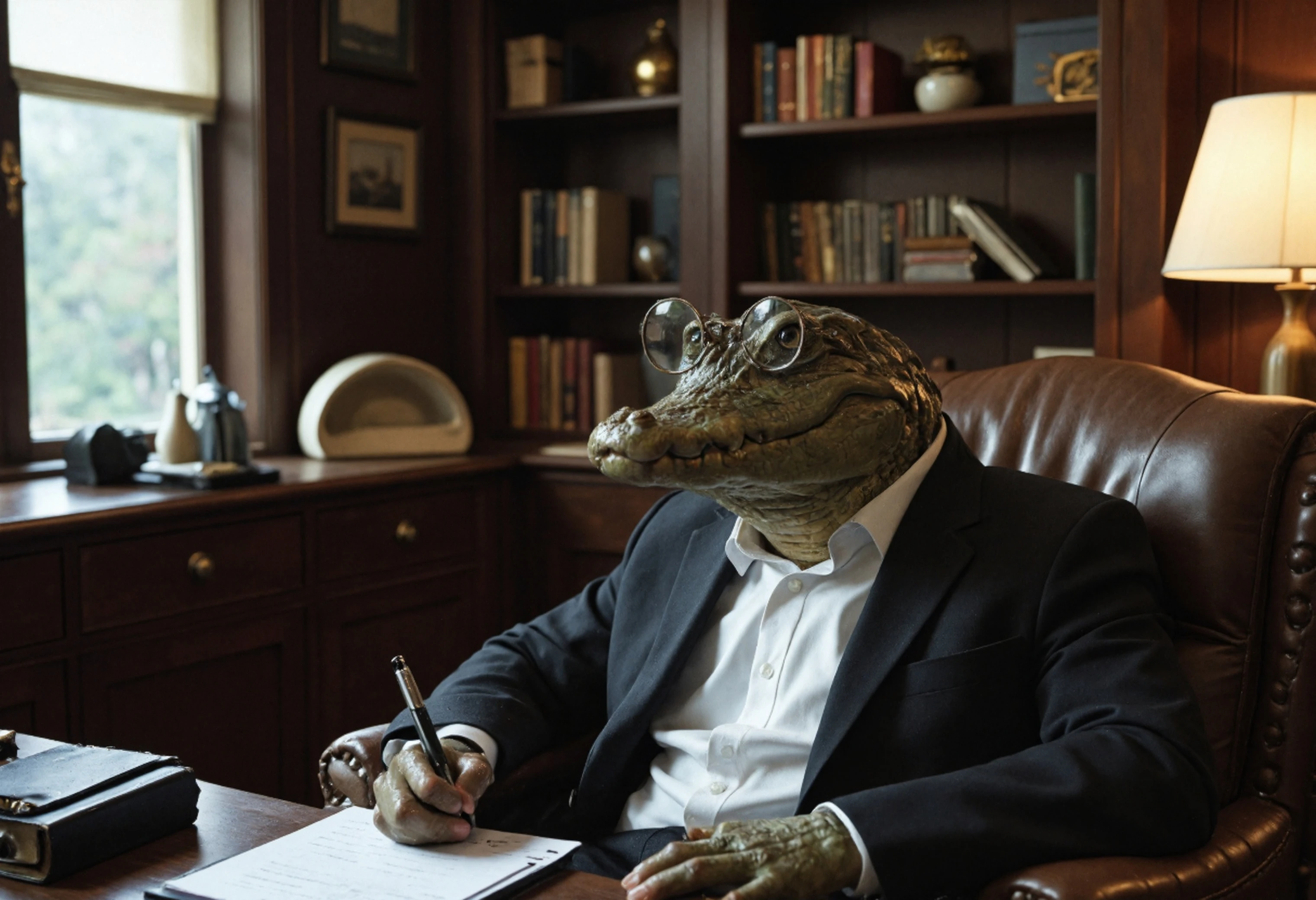 A highly realistic cinematic photo showing an alligator acting as a professional therapist. The alligator wears a well-fitted suit, small round glasses resting on his snout, and sits comfortably in a leather armchair. He is holding a notepad and pen, listening attentively to an off-screen patient. The setting is a cozy, dimly lit therapy office with bookshelves, a warm lamp, and soft ambient lighting. Occasionally, the alligator nods thoughtfully or adjusts his glasses. His facial expressions are calm and wise, blending realism with slight human-like emotion. The mood is serene, intellectual, and slightly humorous due to the surreal nature of the scene.