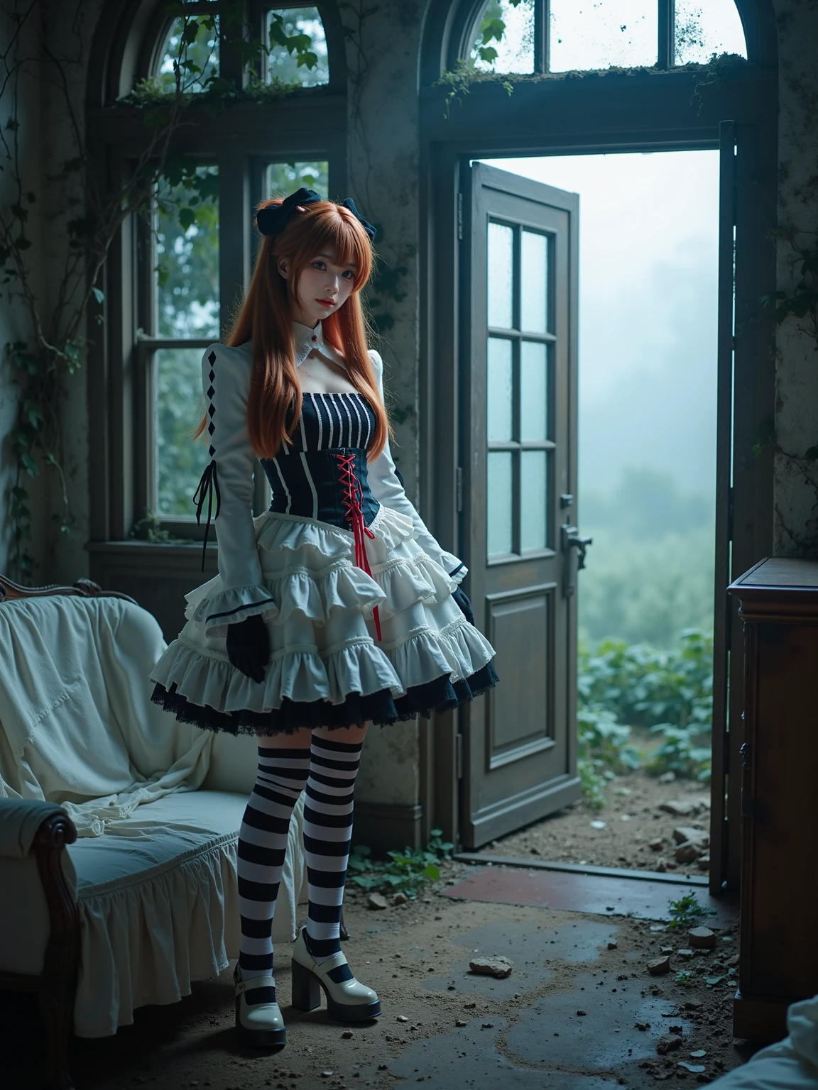 A realistic photo of a beautiful woman in cyb-asuka cosplay costume, include white dress with cross-laced corset. she is also wearing black gloves and striped thighhighs and white high heels. She has long orange hair with hair ornament. The background is an old, decrepit mansion on a hill shrouded in thick fog. The once-grand estate features broken windows, overgrown ivy climbing up the walls, and a large, imposing front door slightly ajar. Inside, the rooms are filled with antique furniture draped in white sheets. Dust motes float in the minimal light that filters through the grimy windows, and the sound of creaking floorboards can be heard in the silence. This scene evokes a sense of forgotten elegance and impending dread, ideal for a gothic character to explore or pose within.