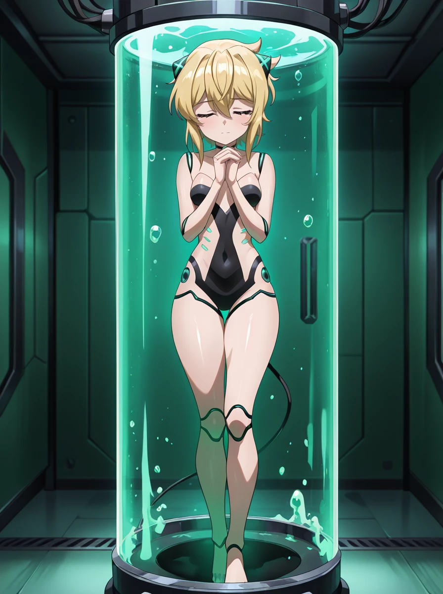 masterpiece, best quality, amazing quality, very aesthetic, absurdres, newest,shiny skin, thick thighs, anime screenshot, anime coloring, <lora:KirikaAnother:1>blonde hair, 1girl, closed eyes, solo, hair ornament, kirikaandroid, android, rib_marking stasis_tank , green water, full body, suspended, , green theme, cable conected lab resting_arms standing, own hands together,