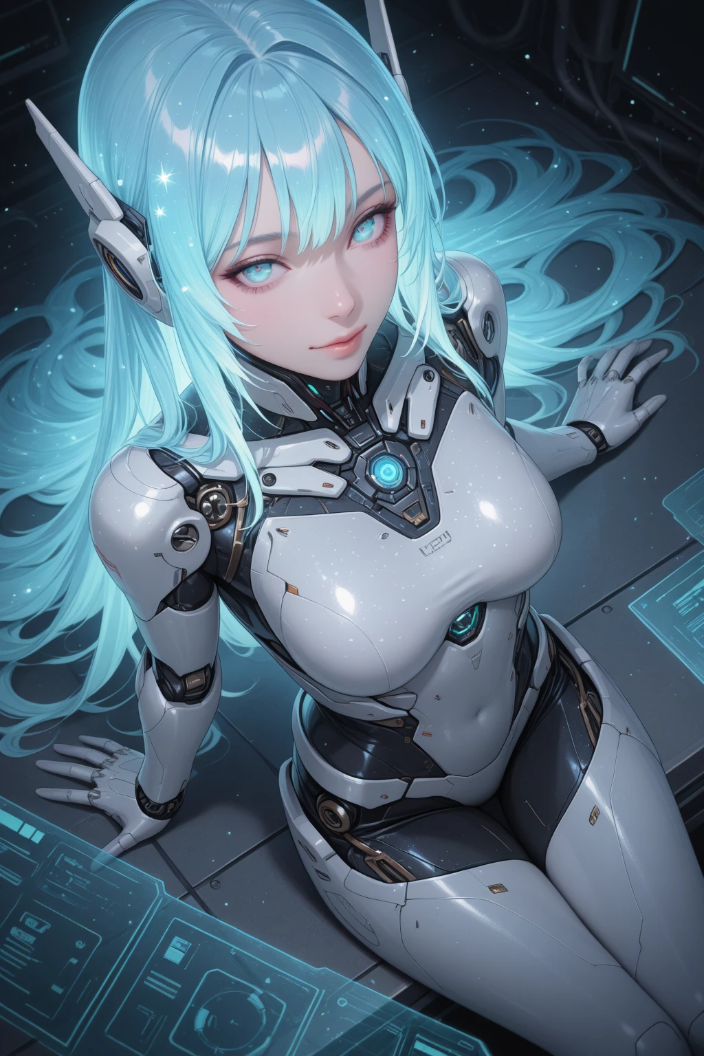 embedding:lazypos, science fiction, 1girl, android, holographic interface, glitter, light particles, faint lighting, glowing, ethereal, neon hair, glowing hair, long hair, looking at viewer, relaxing, from above, dynamic angle