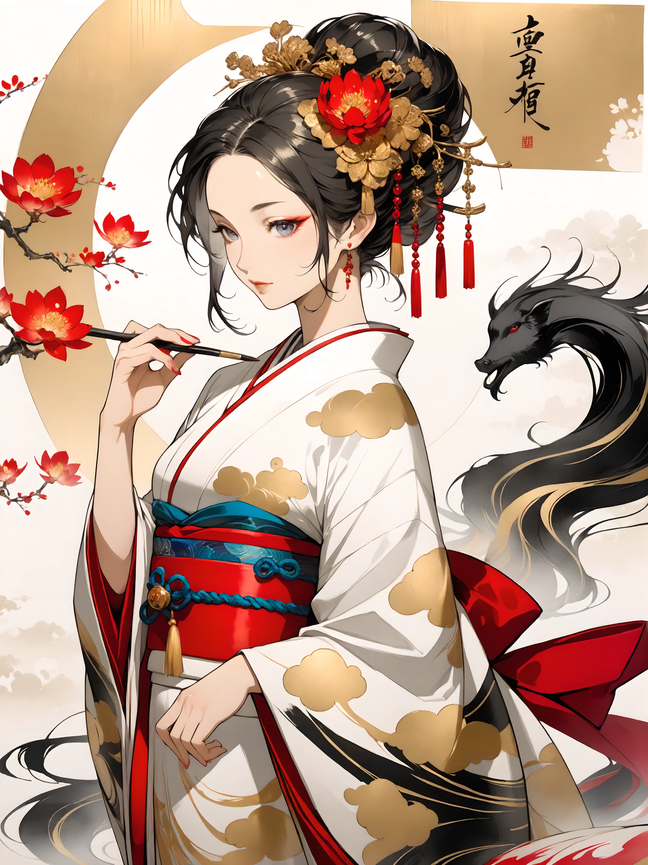 Masterpieces, gilded brilliance, opulence, Japanese paper, sumi-e, pigments, colorful, 1girl,