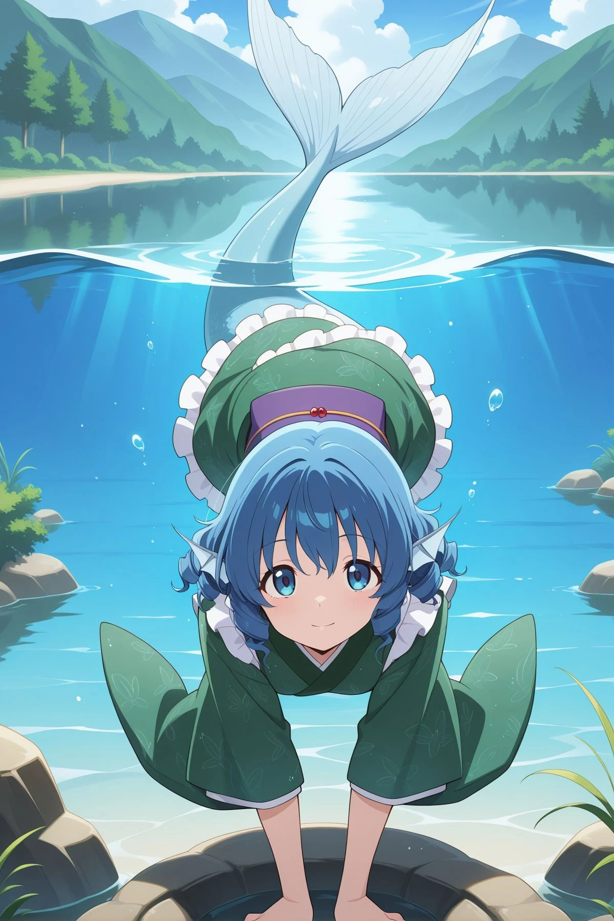 absurdres, highres, masterpiece, best quality, amazing quality, official anime artwork, screencap, anime screencap, outdoors, looking at viewer, light smile, dynamic pose,
<lora:Wakasagihime_Illustrious:1> wakasagihime, 1girl, solo, blue eyes, blue hair, short hair, drill hair, head fins, mermaid,, green kimono, frilled kimono, wide sleeves, blue obi, yellow obijime,
swimming, under water, bobbles, misty lake, submerged,
